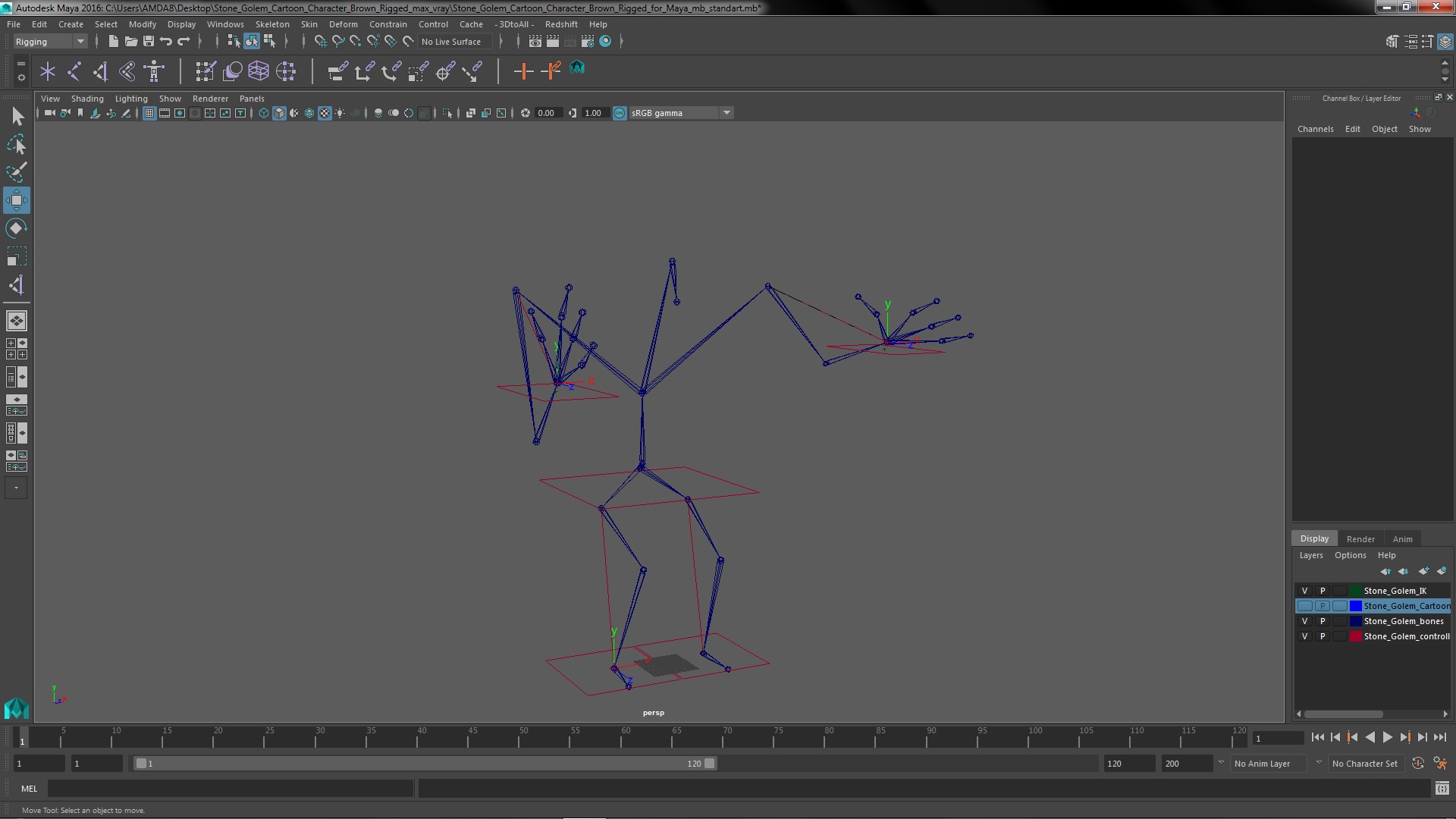 3D Stone Golem Cartoon Character Brown Rigged for Maya