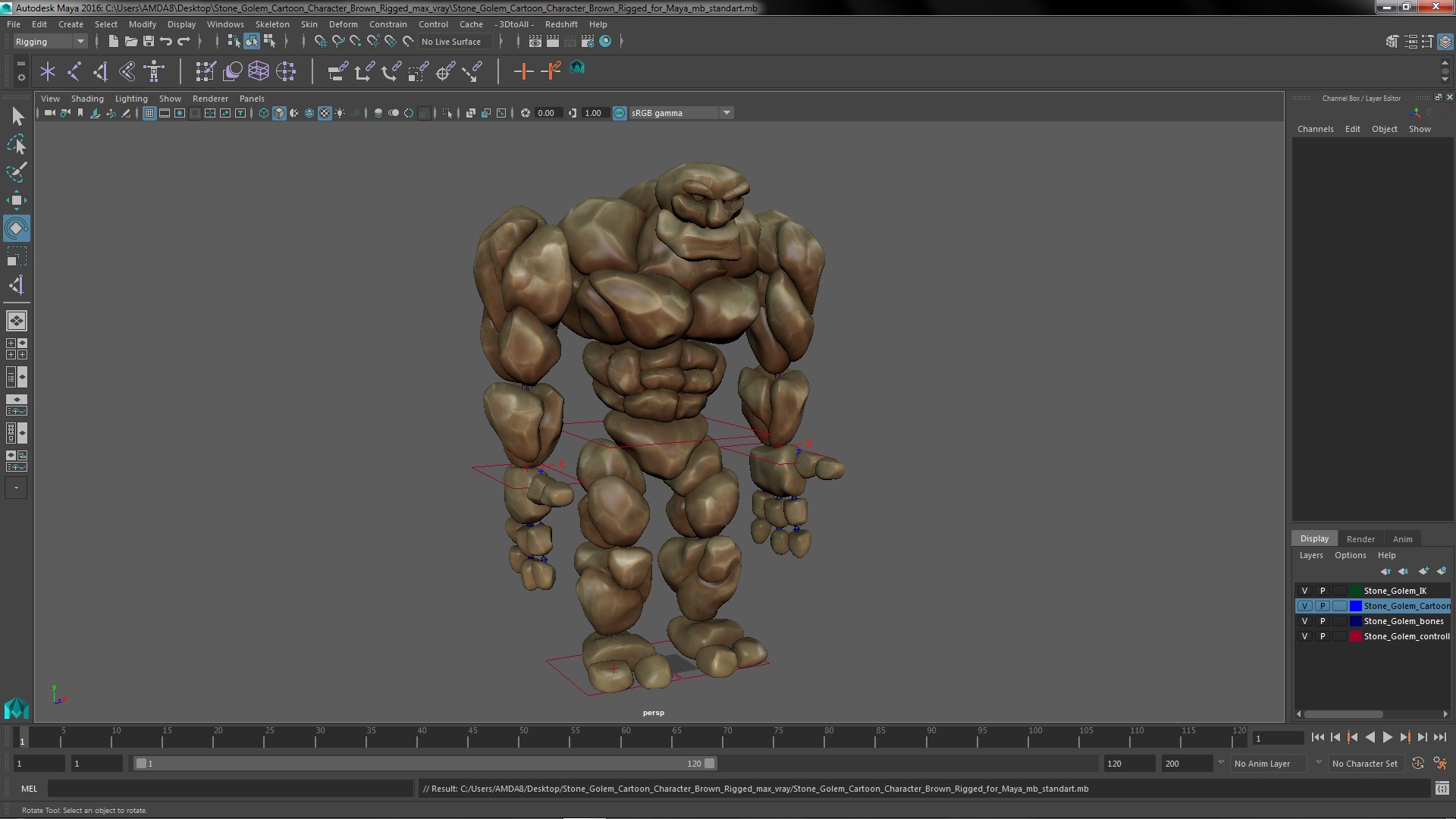 3D Stone Golem Cartoon Character Brown Rigged for Maya