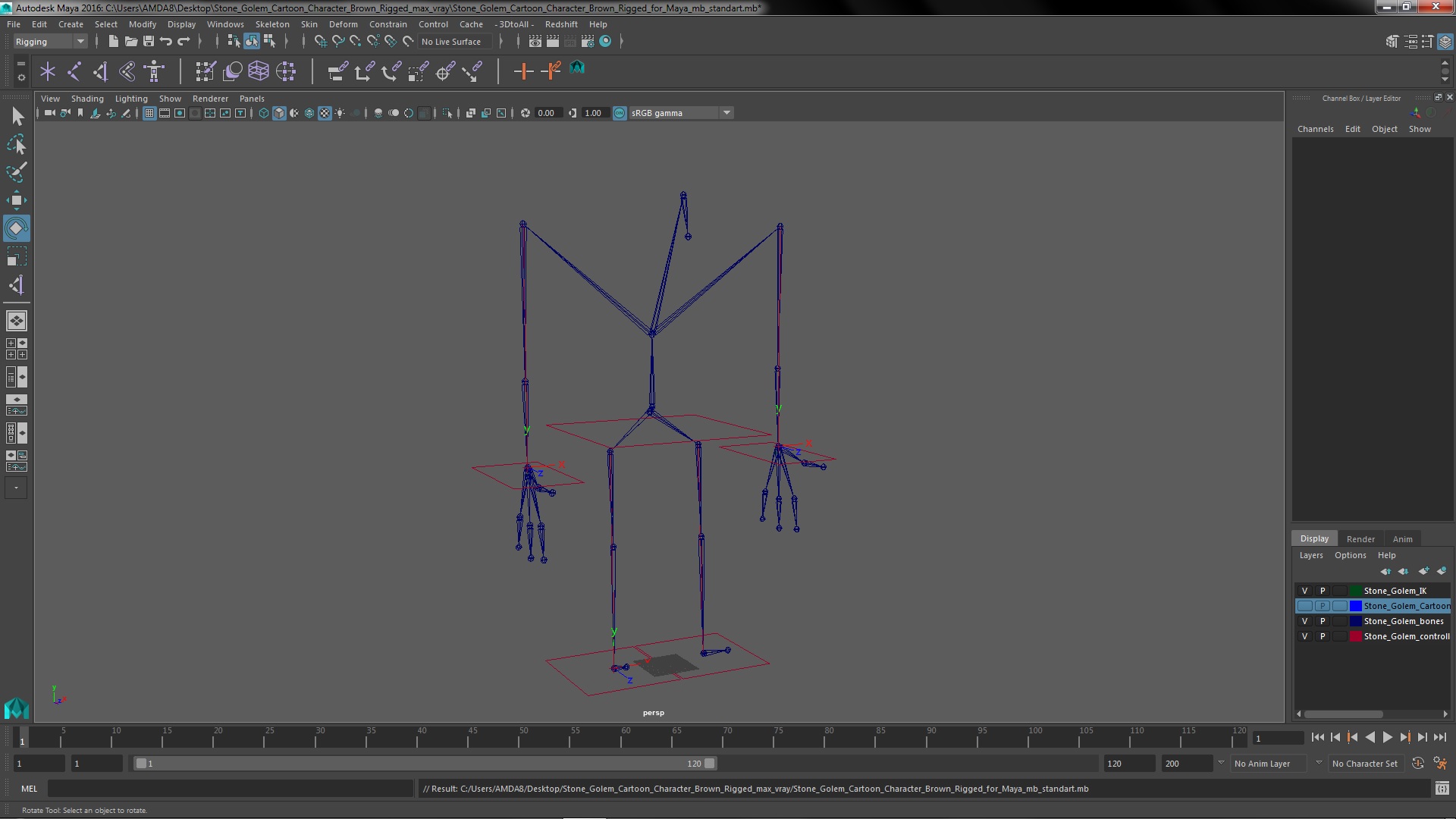 3D Stone Golem Cartoon Character Brown Rigged for Maya