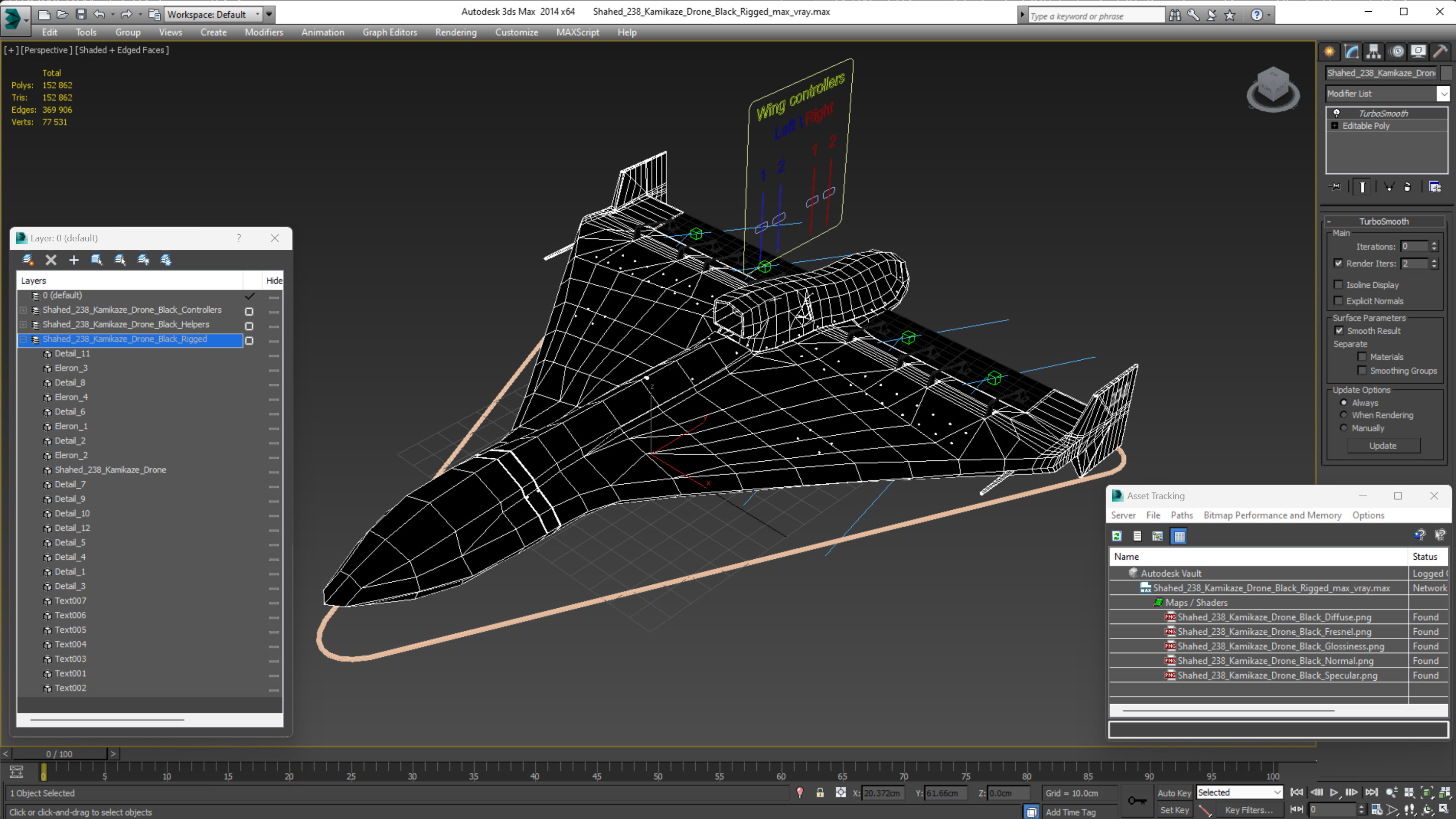 3D Shahed 238 Kamikaze Drone Black Rigged model