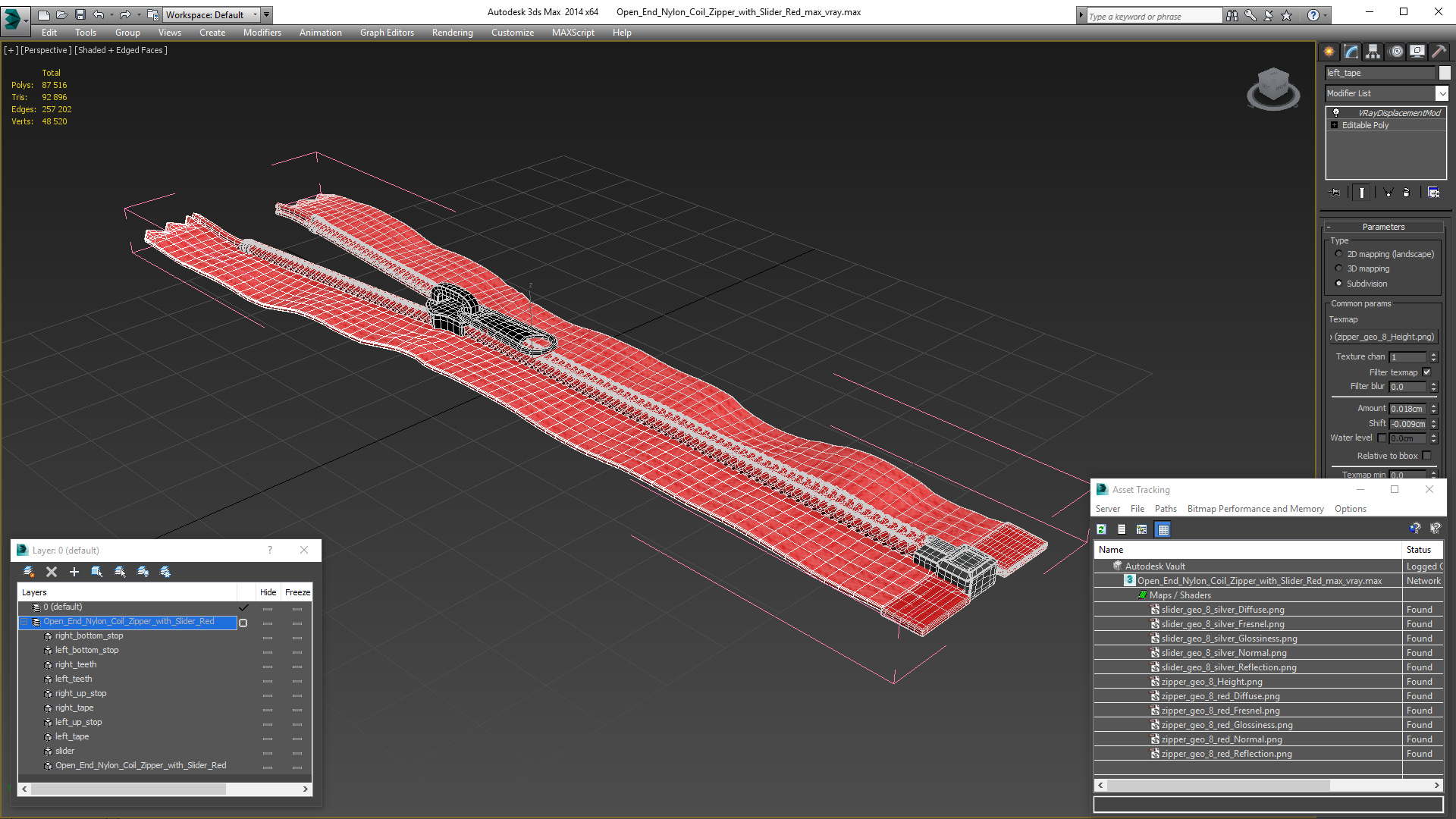 Open End Nylon Coil Zipper with Slider Red 3D
