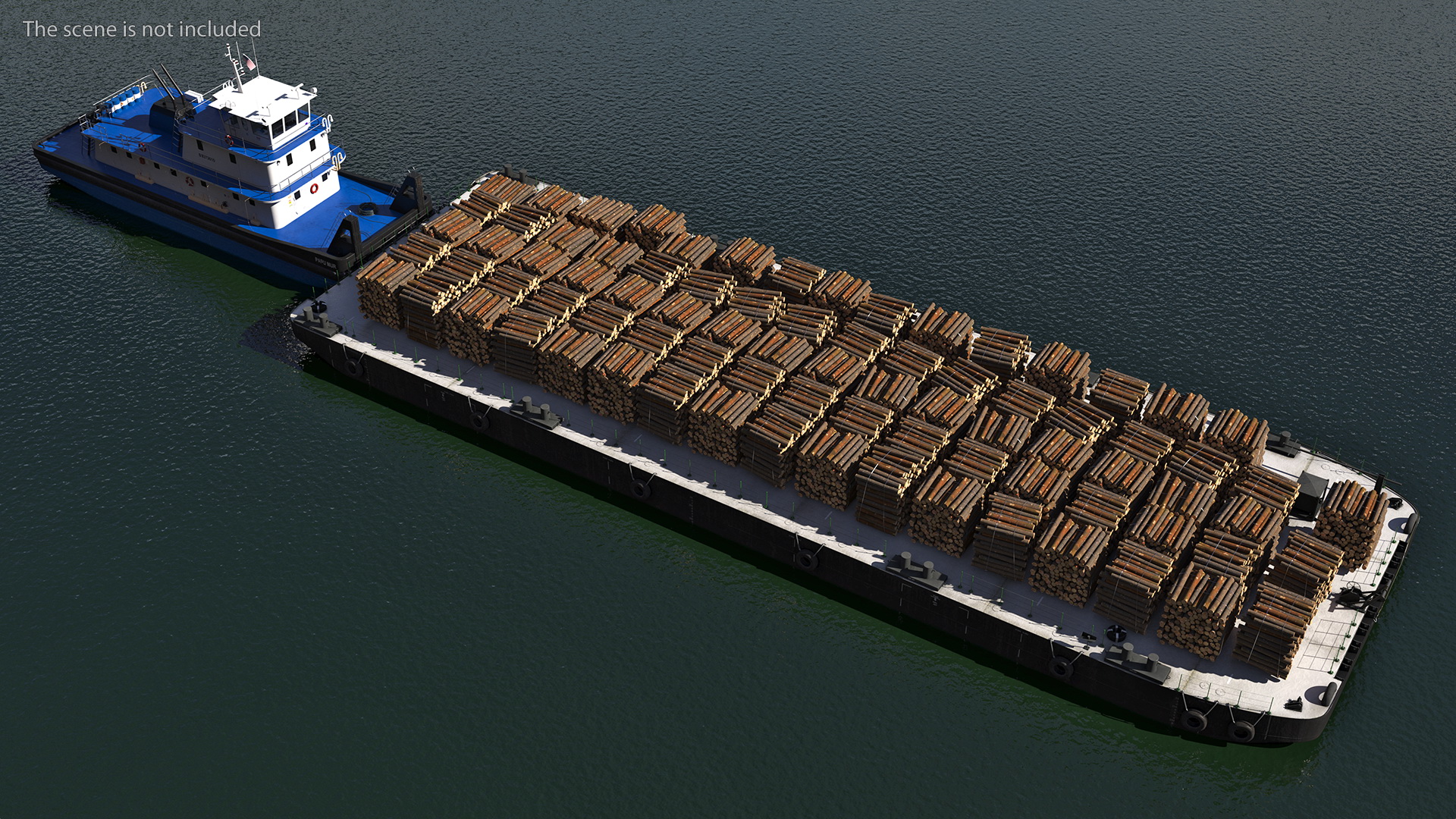 3D model Push Boat Ship with Pontoon Barge Loaded Wood Logs