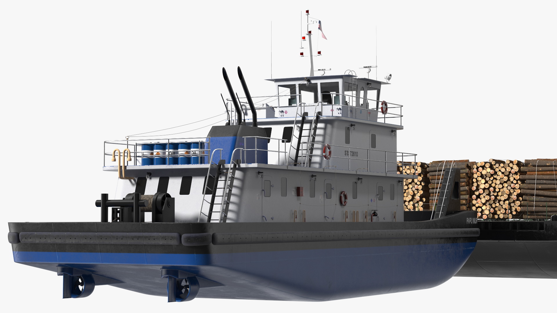 3D model Push Boat Ship with Pontoon Barge Loaded Wood Logs