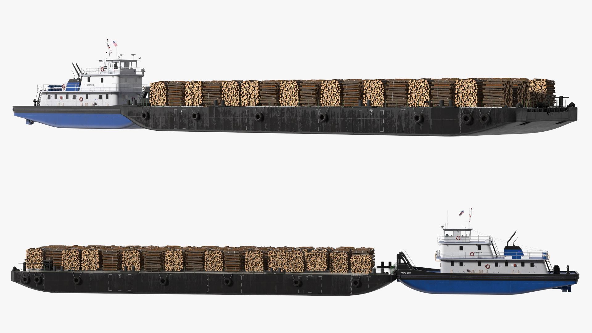 3D model Push Boat Ship with Pontoon Barge Loaded Wood Logs