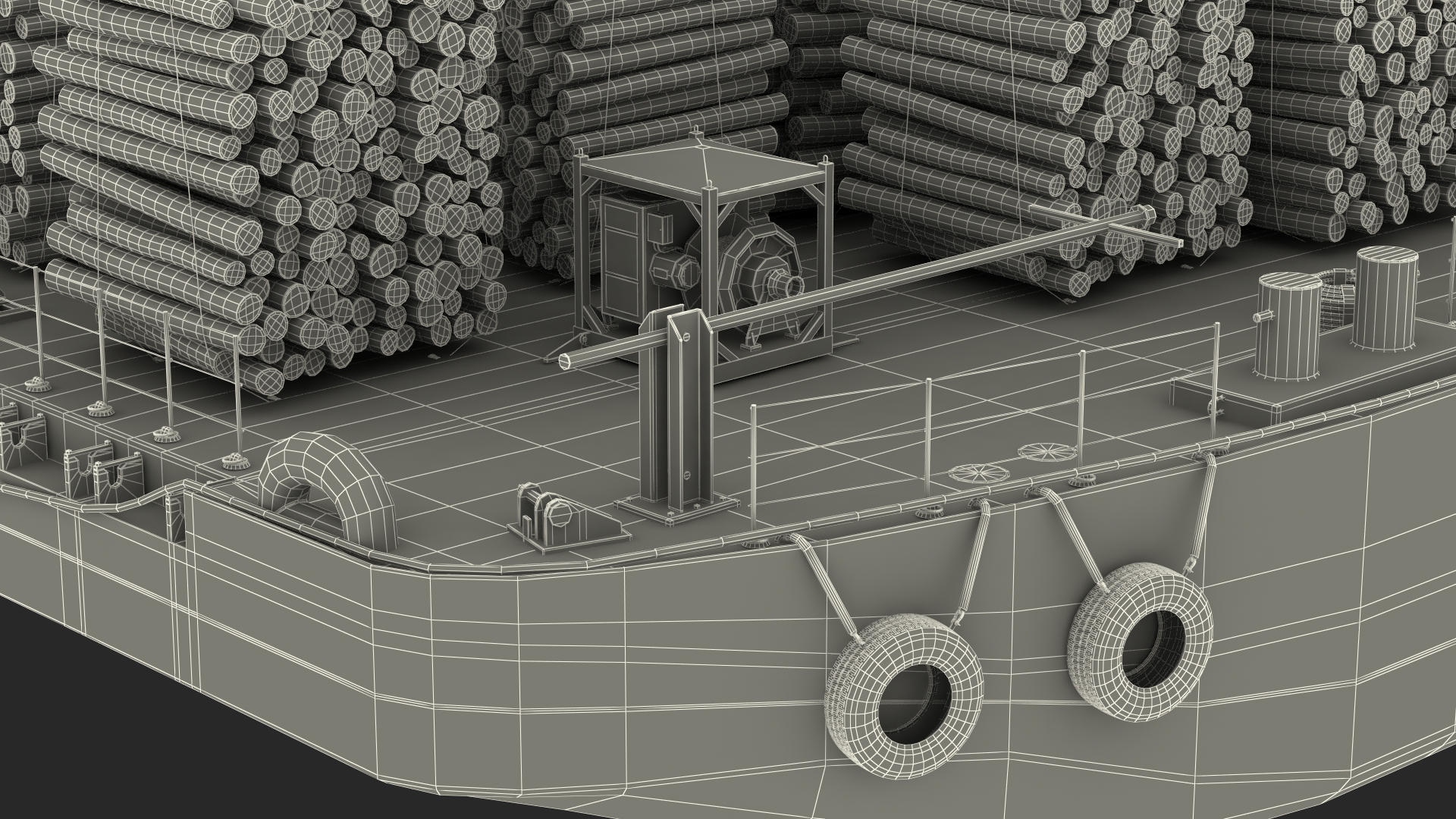 3D model Push Boat Ship with Pontoon Barge Loaded Wood Logs