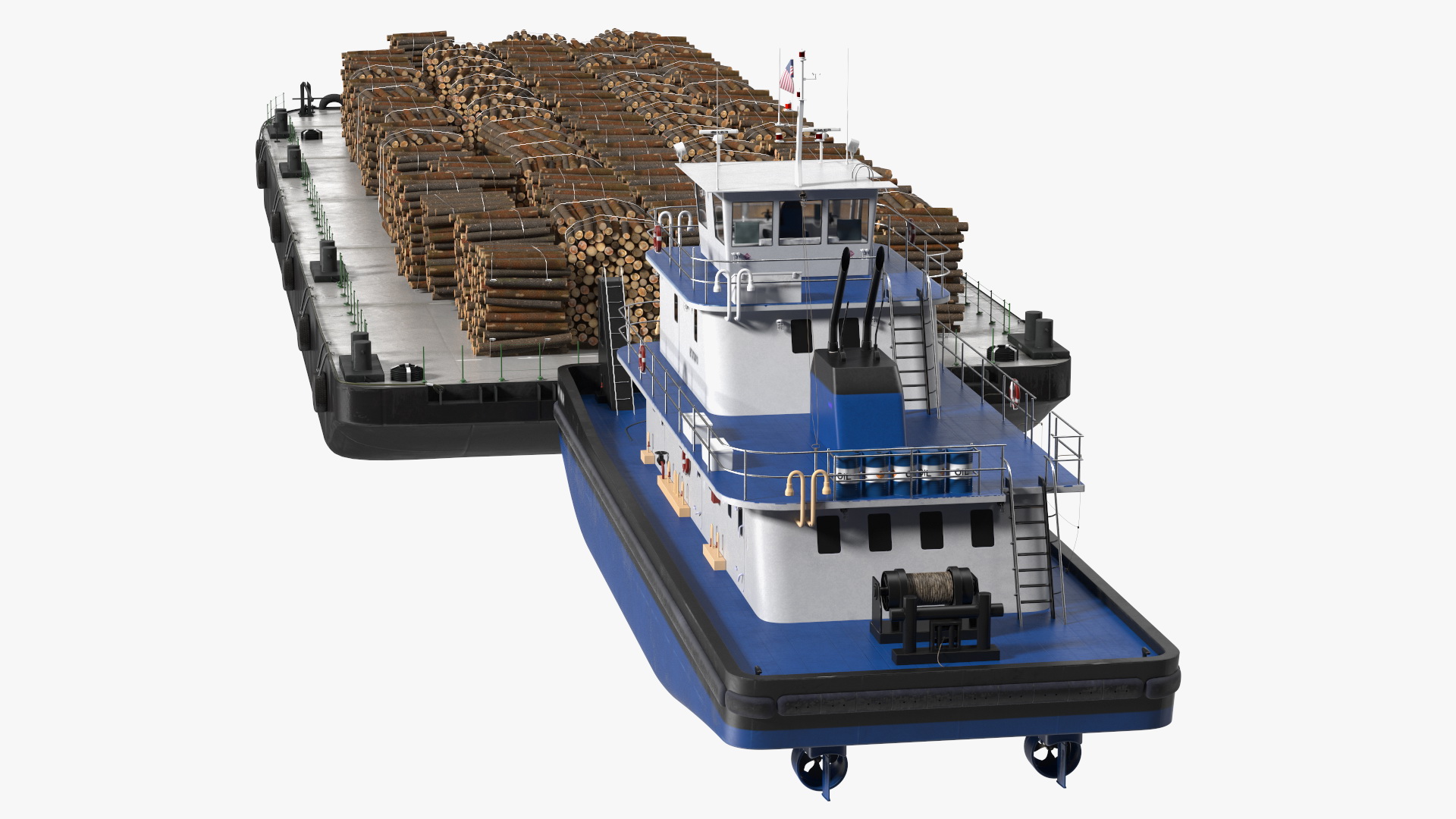 3D model Push Boat Ship with Pontoon Barge Loaded Wood Logs