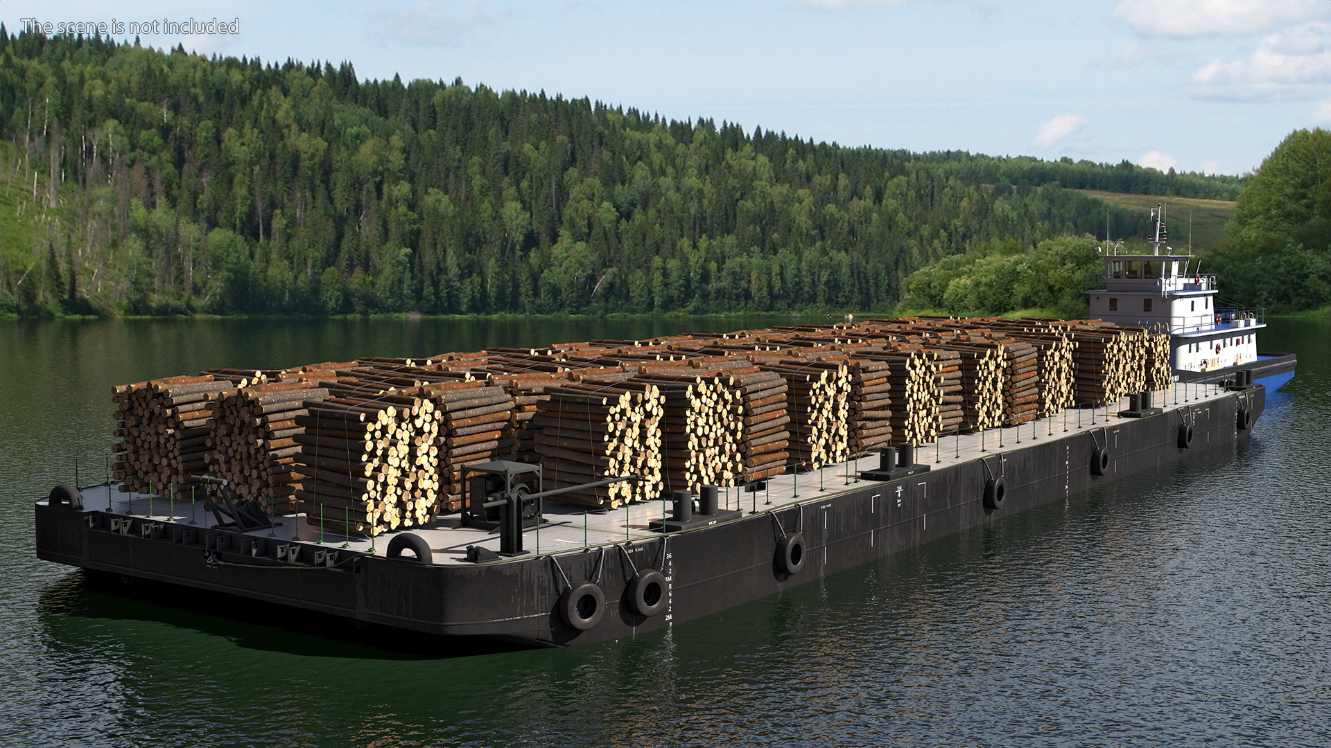 3D model Push Boat Ship with Pontoon Barge Loaded Wood Logs