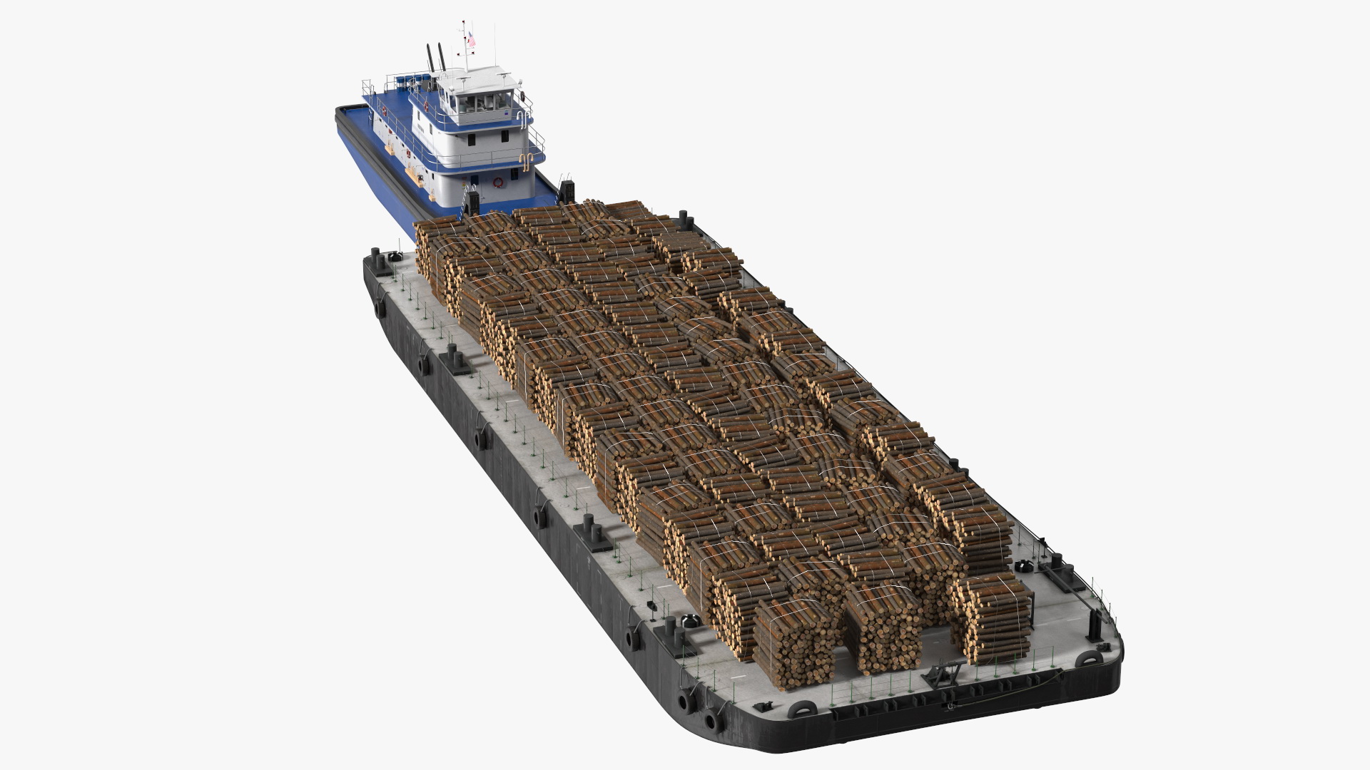 3D model Push Boat Ship with Pontoon Barge Loaded Wood Logs