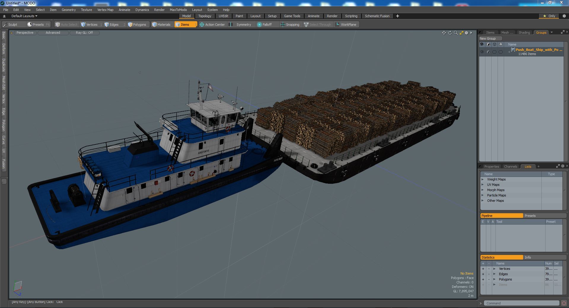 3D model Push Boat Ship with Pontoon Barge Loaded Wood Logs
