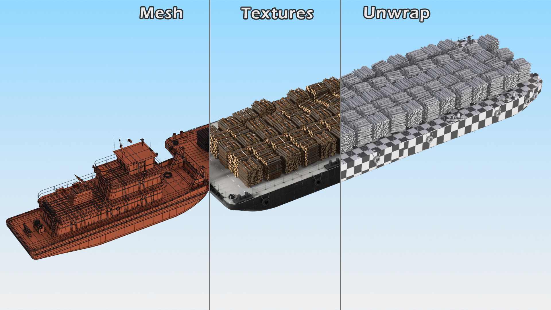 3D model Push Boat Ship with Pontoon Barge Loaded Wood Logs
