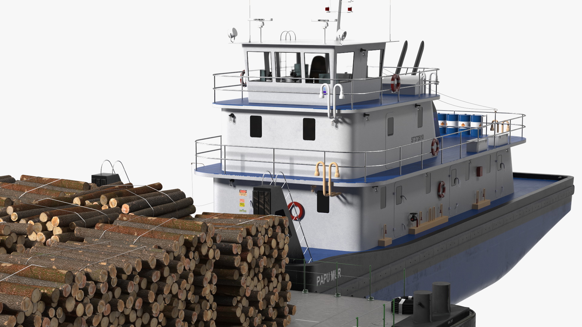 3D model Push Boat Ship with Pontoon Barge Loaded Wood Logs