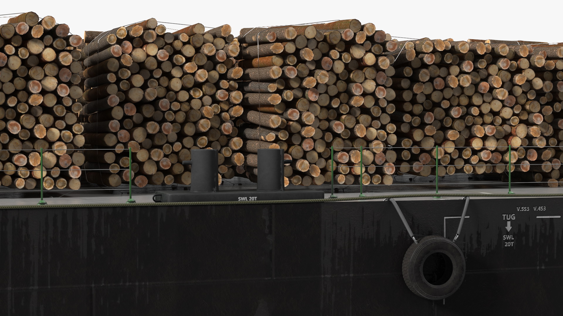 3D model Push Boat Ship with Pontoon Barge Loaded Wood Logs