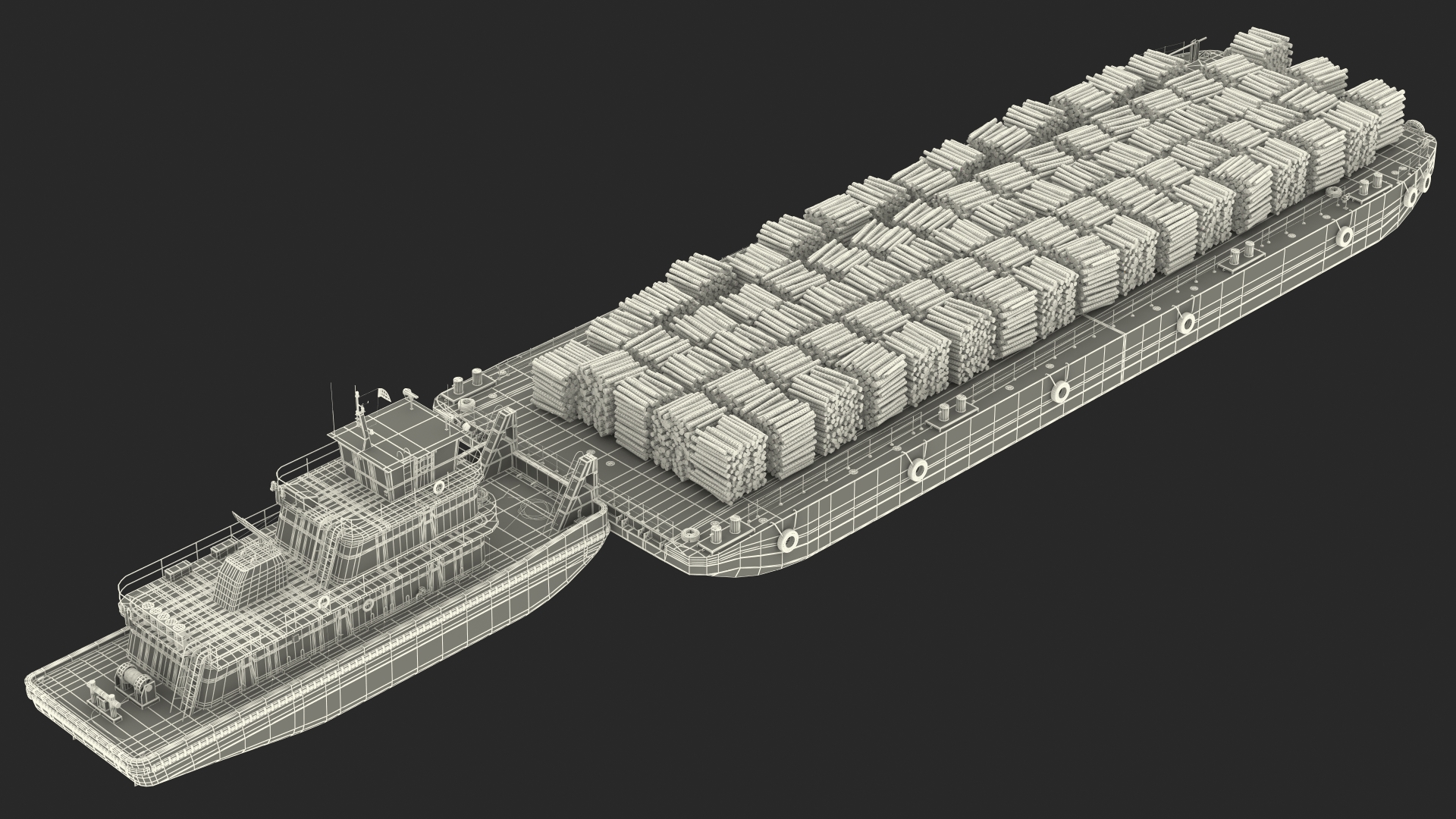 3D model Push Boat Ship with Pontoon Barge Loaded Wood Logs