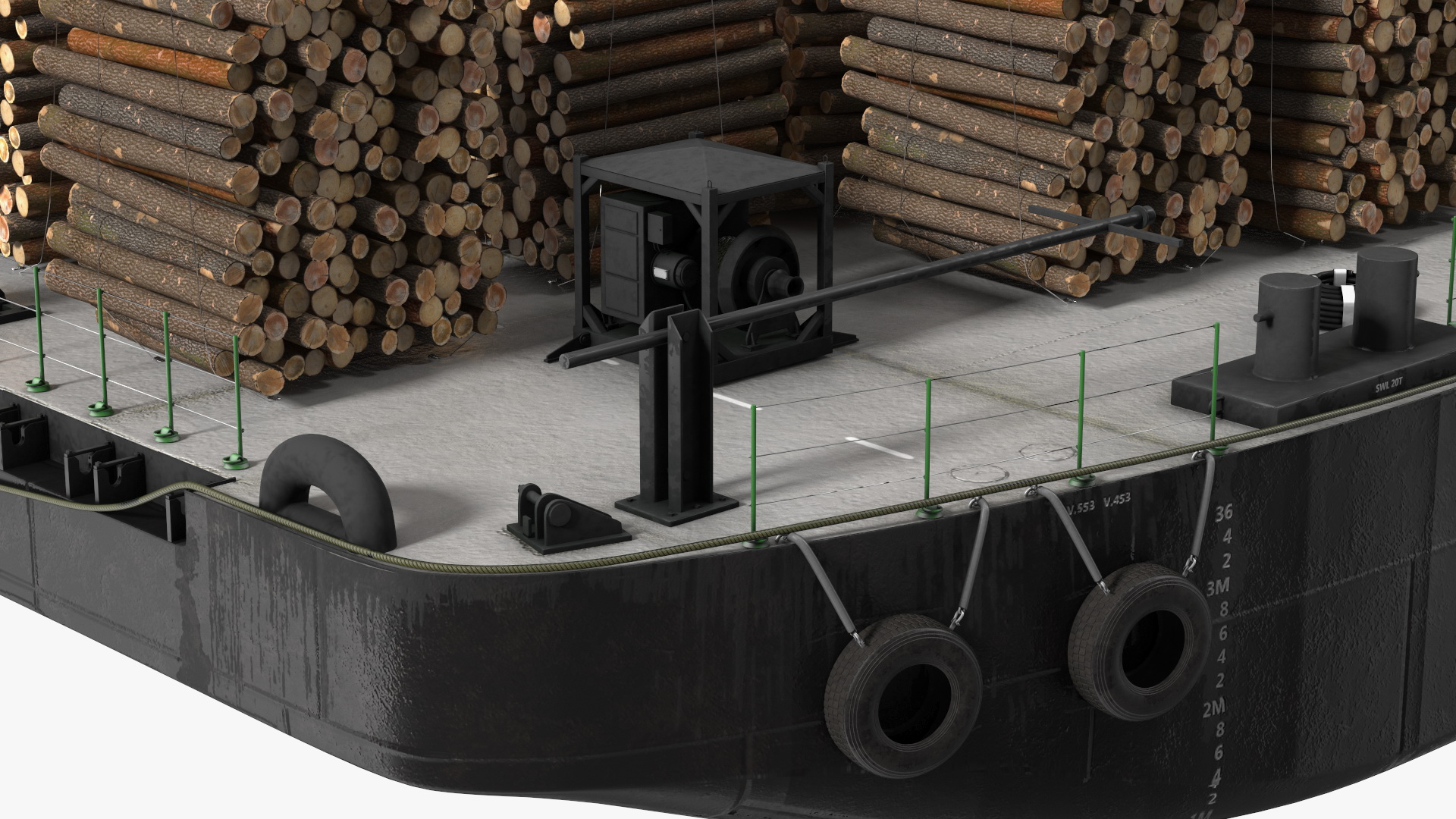 3D model Push Boat Ship with Pontoon Barge Loaded Wood Logs