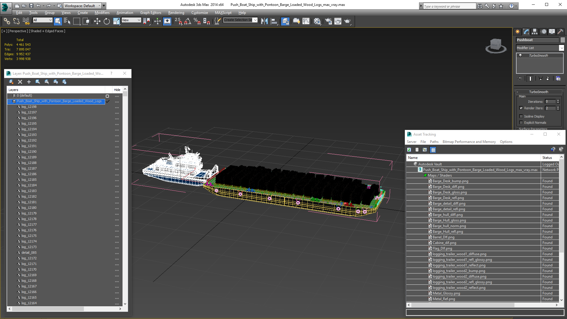 3D model Push Boat Ship with Pontoon Barge Loaded Wood Logs