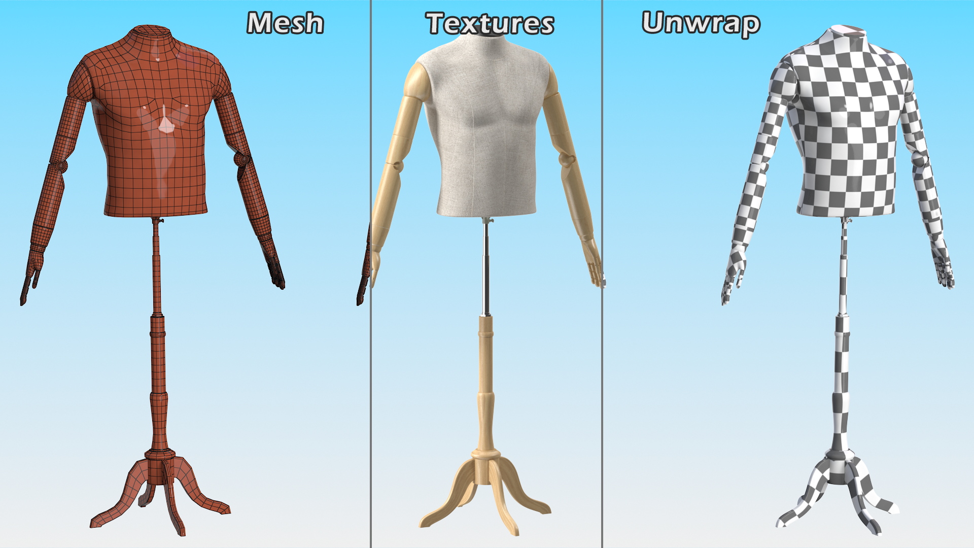 3D model Male Flexible Half Body Mannequin Torso with Wooden Base Headless