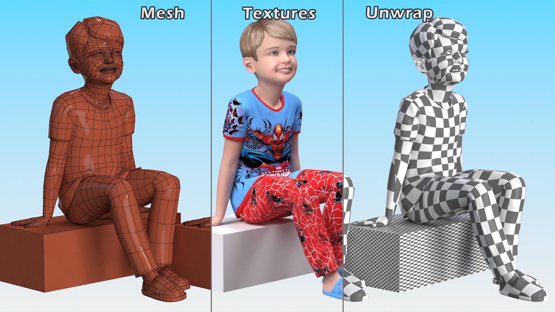 3D Sitting Child Boy Home Style model
