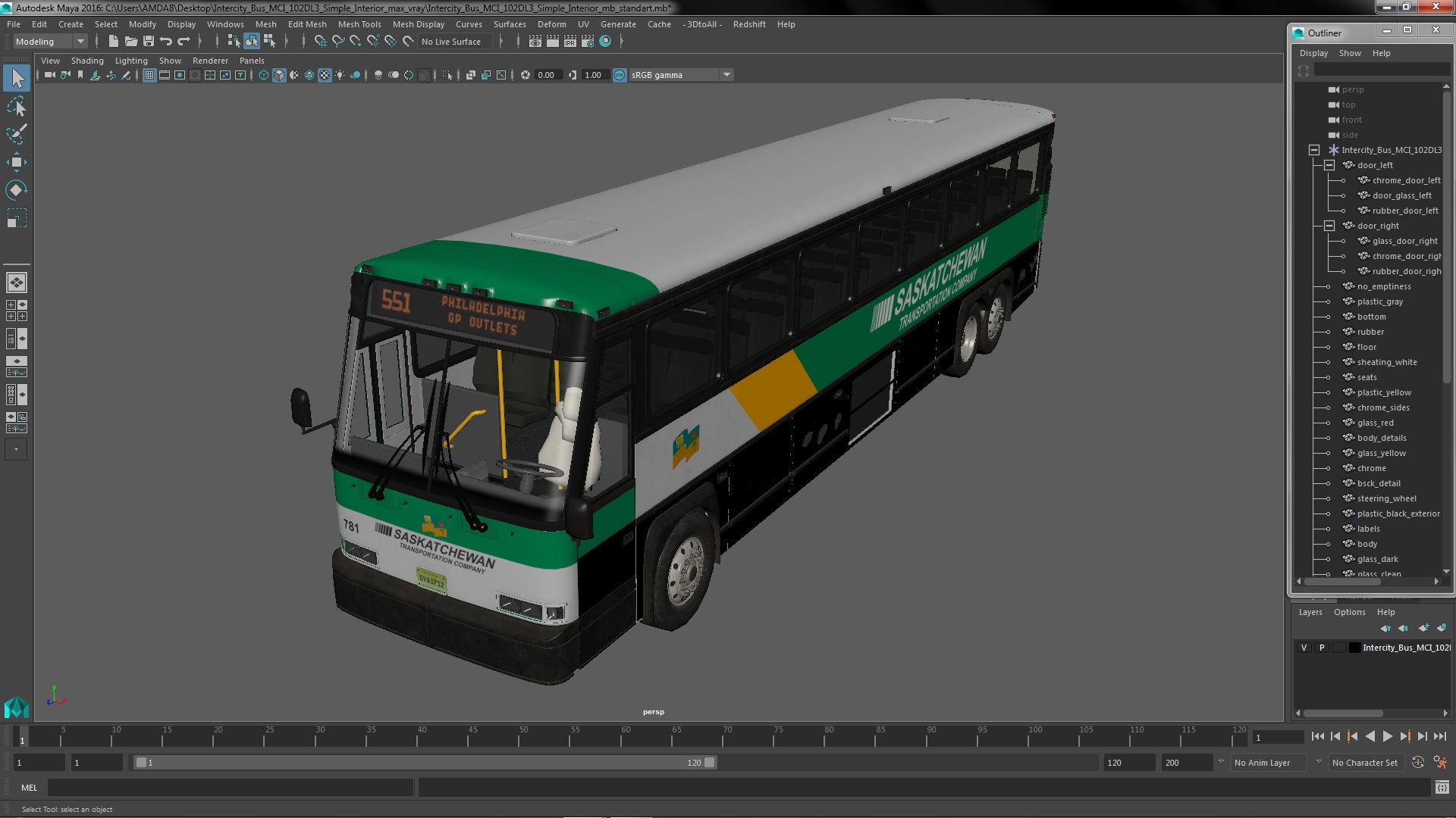 3D model Intercity Bus MCI 102DL3 Simple Interior