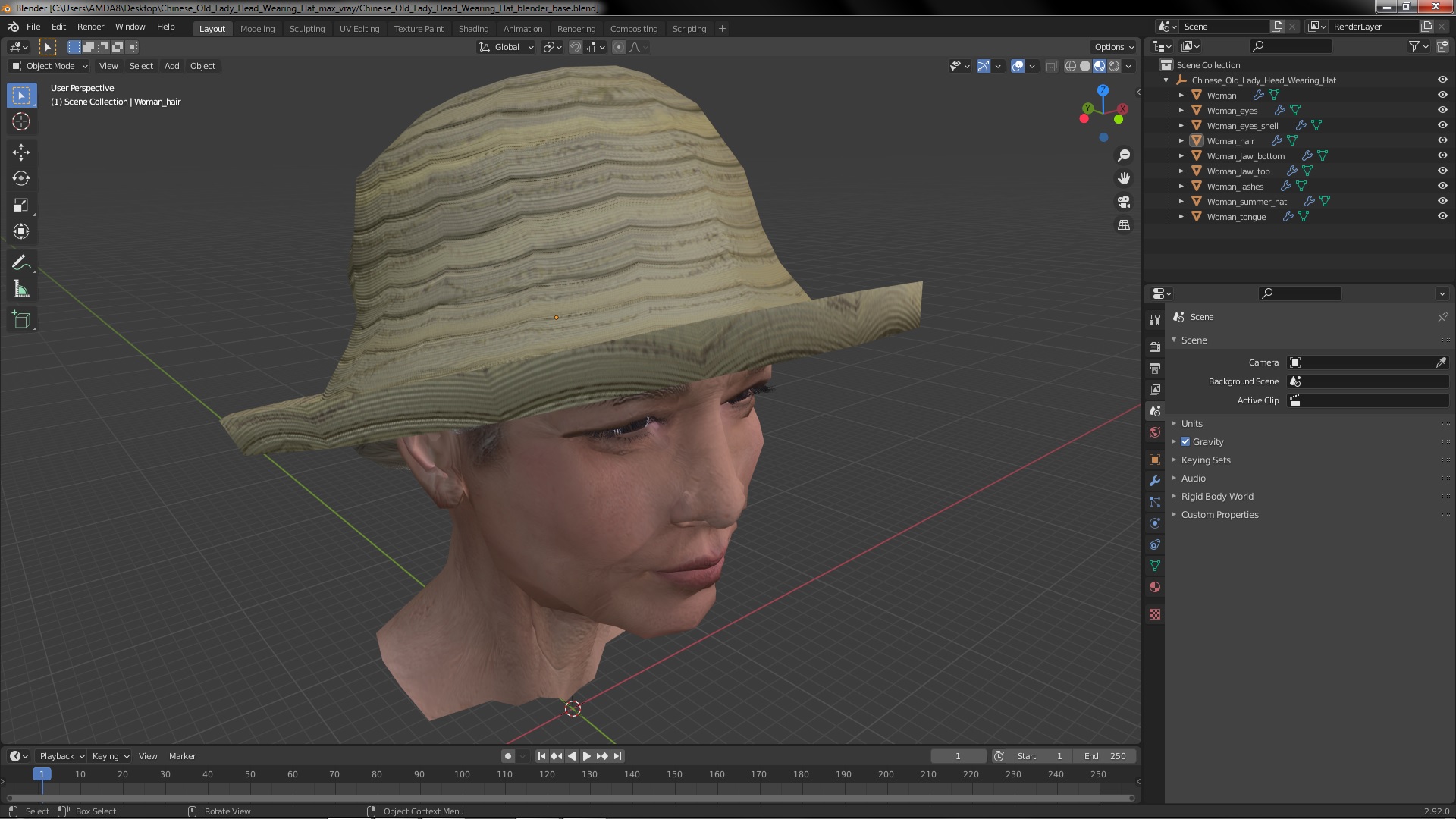 3D Chinese Old Lady Head Wearing Hat model