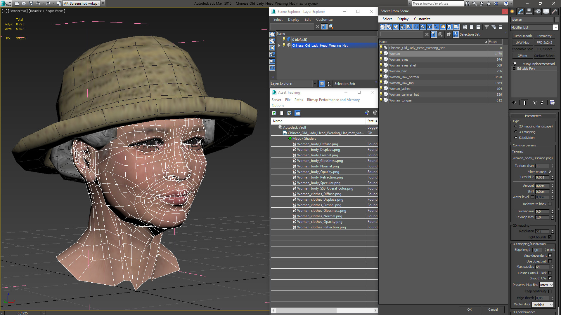 3D Chinese Old Lady Head Wearing Hat model