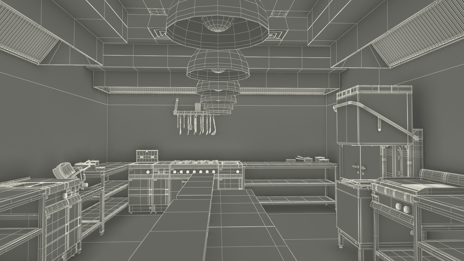 3D Culinary Restaurant Kitchen Light On