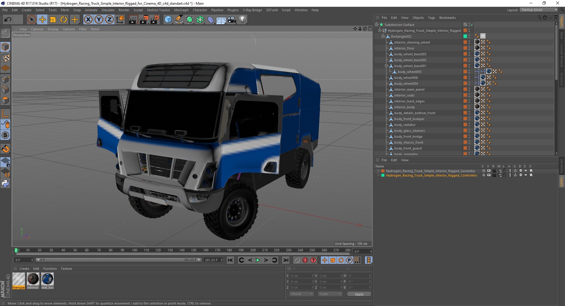 3D Hydrogen Racing Truck Simple Interior Rigged for Cinema 4D model