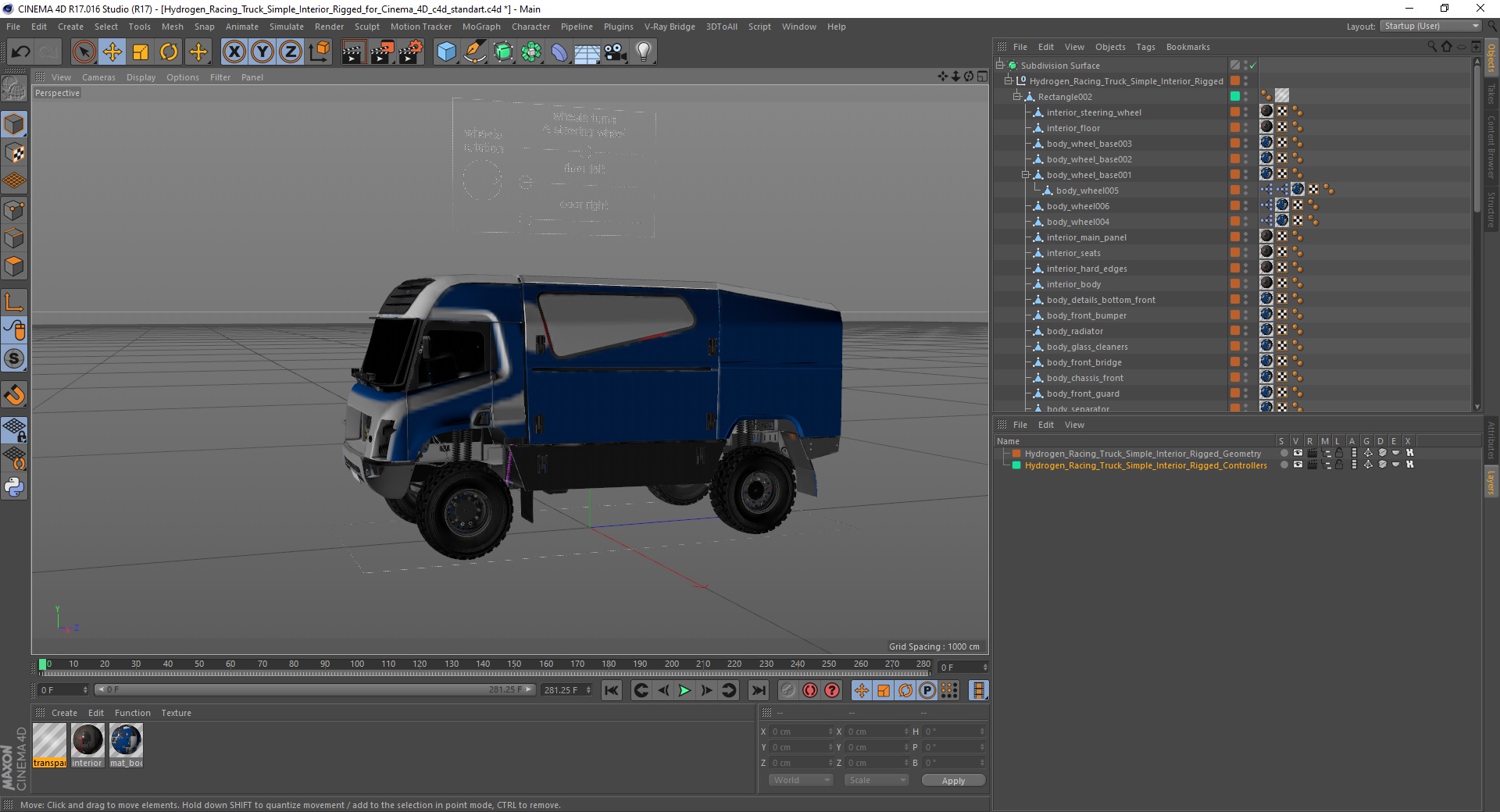 3D Hydrogen Racing Truck Simple Interior Rigged for Cinema 4D model
