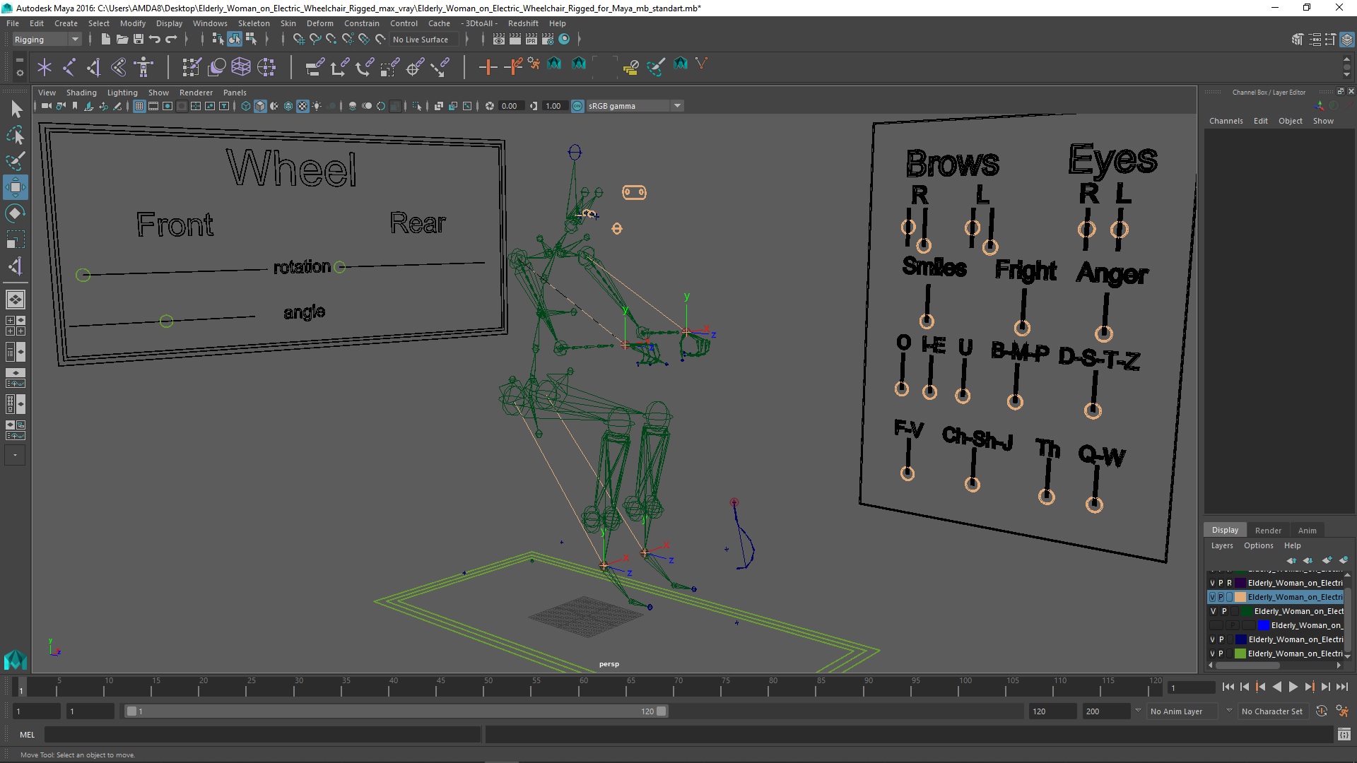 Elderly Woman on Electric Wheelchair Rigged for Maya 3D