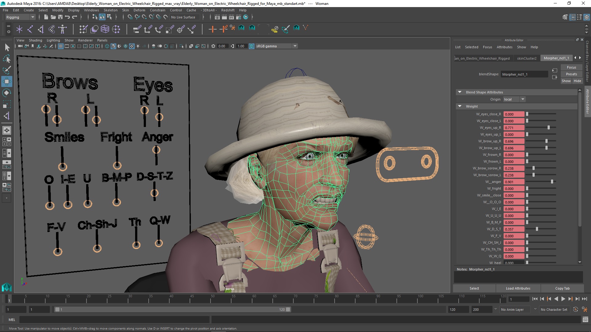 Elderly Woman on Electric Wheelchair Rigged for Maya 3D