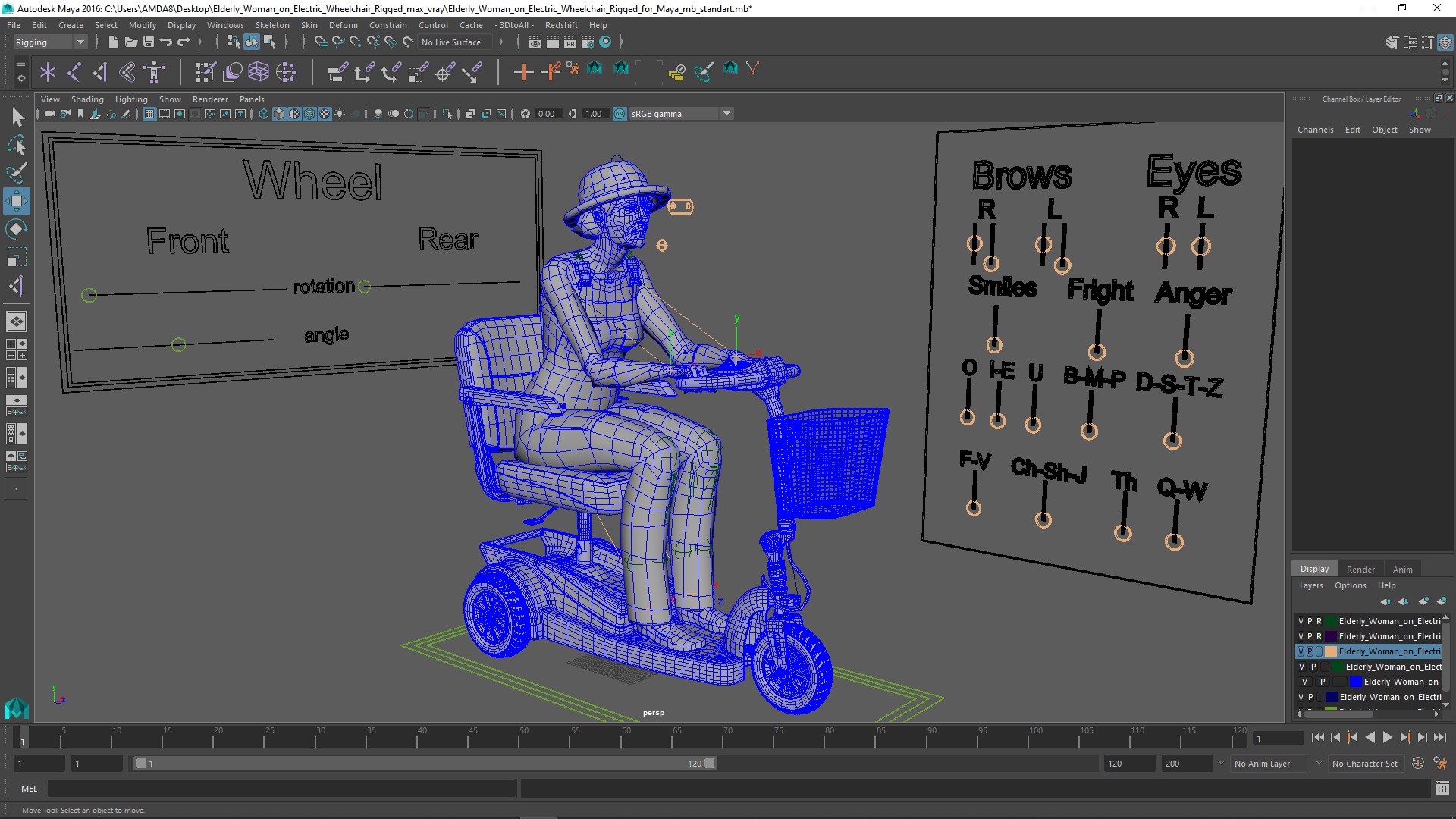 Elderly Woman on Electric Wheelchair Rigged for Maya 3D