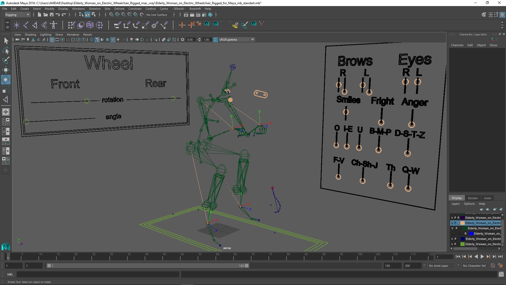 Elderly Woman on Electric Wheelchair Rigged for Maya 3D