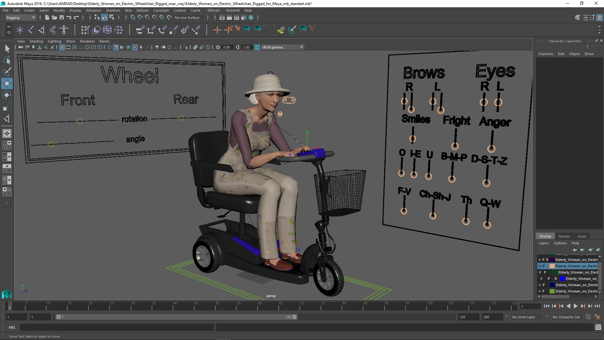 Elderly Woman on Electric Wheelchair Rigged for Maya 3D