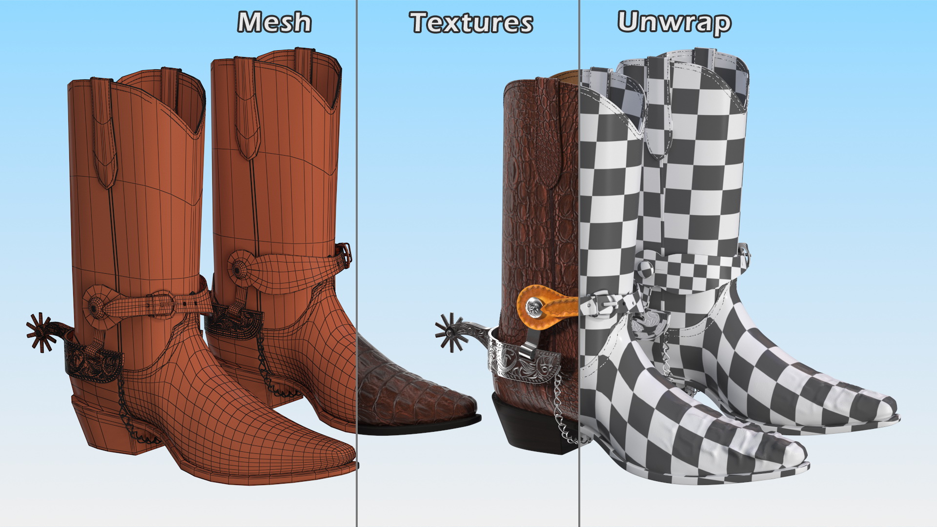 3D Crocodile Cowboy Boots with Spurs model
