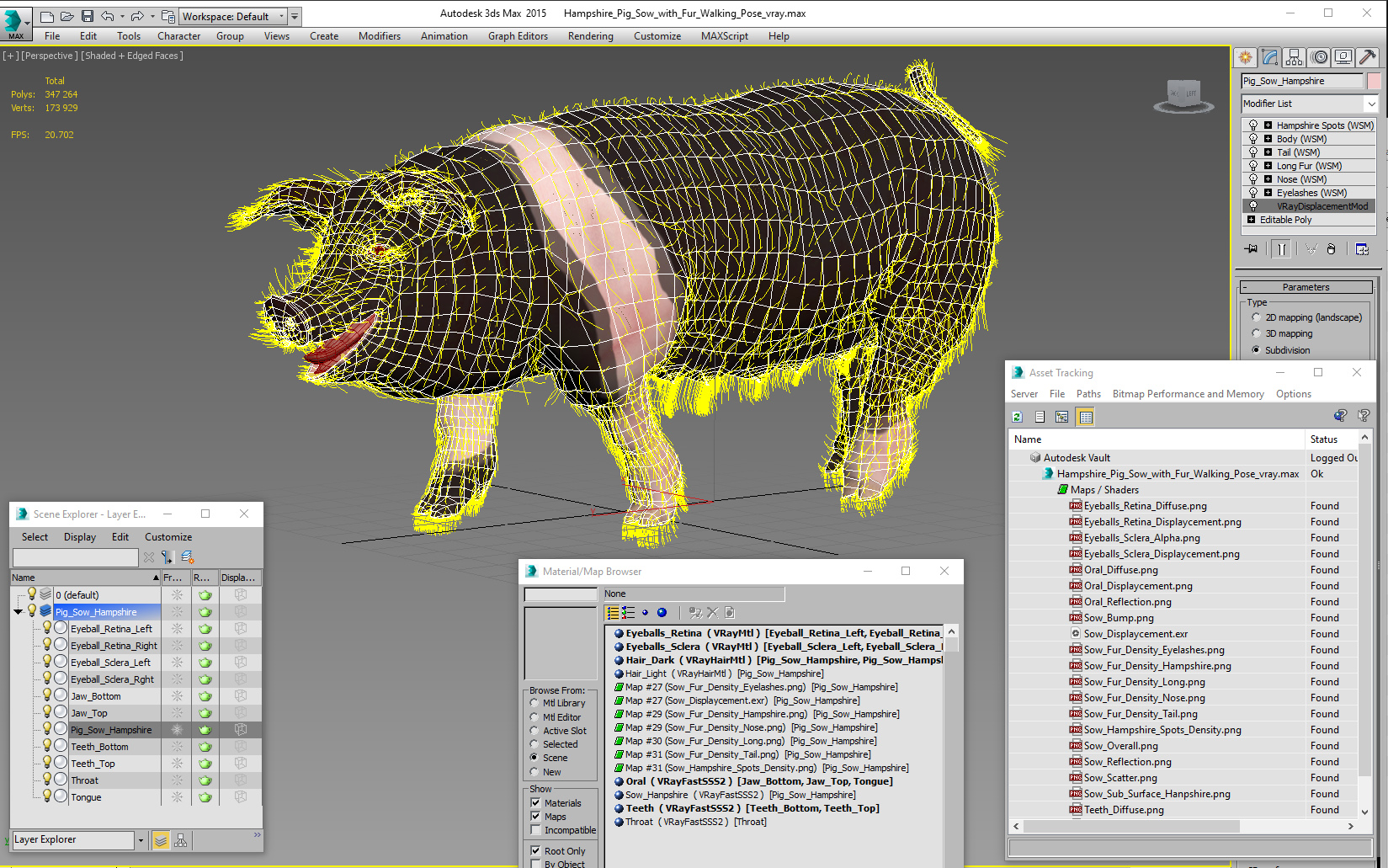Hampshire Pig Sow with Fur Walking Pose 3D model