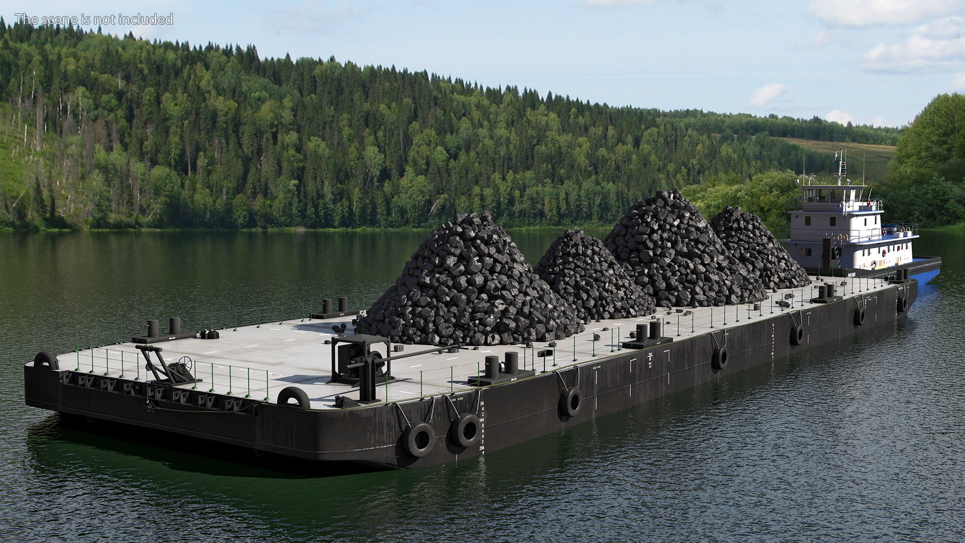 3D model Push Boat Ship with Pontoon Barge Loaded Coal
