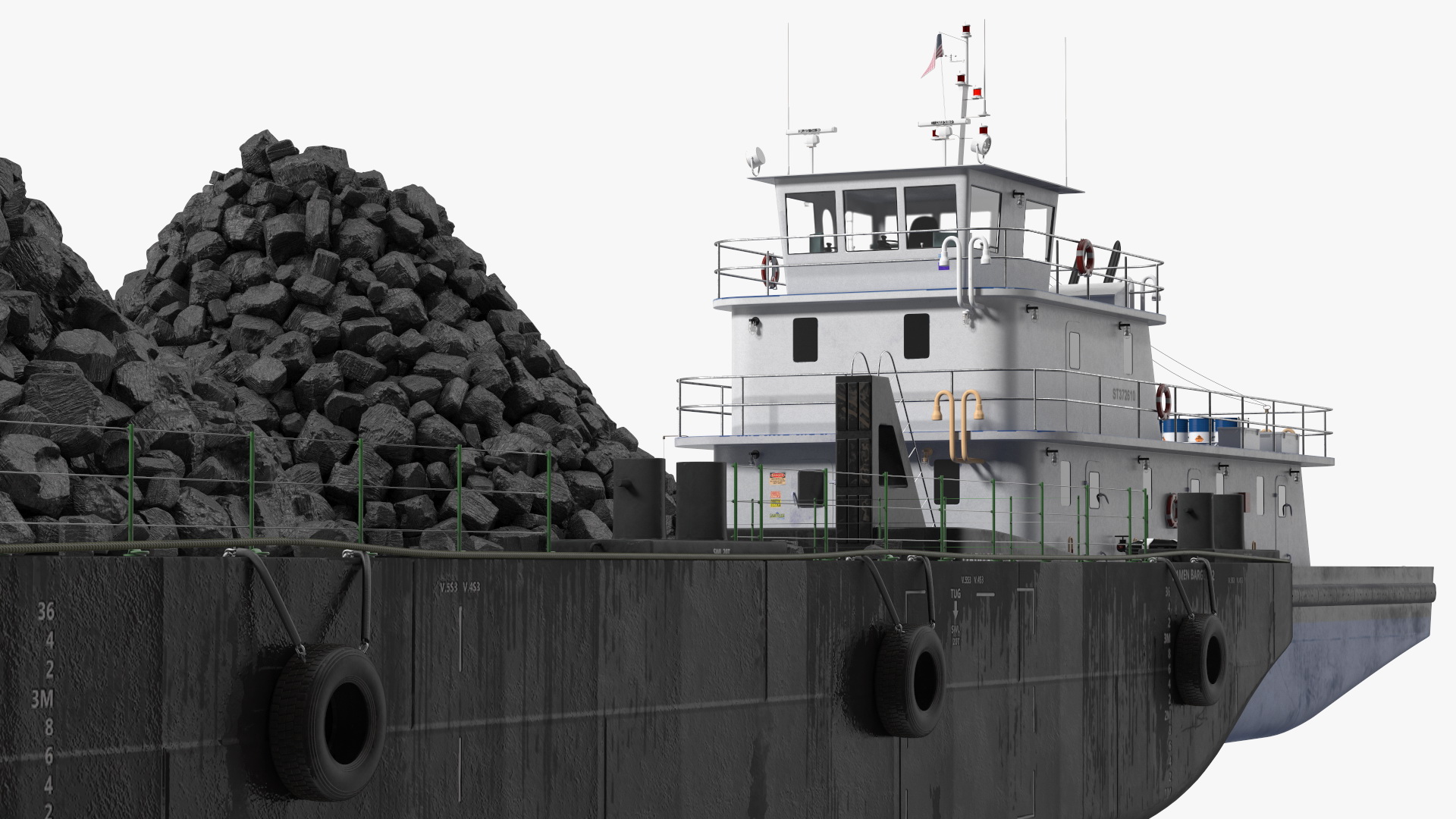 3D model Push Boat Ship with Pontoon Barge Loaded Coal