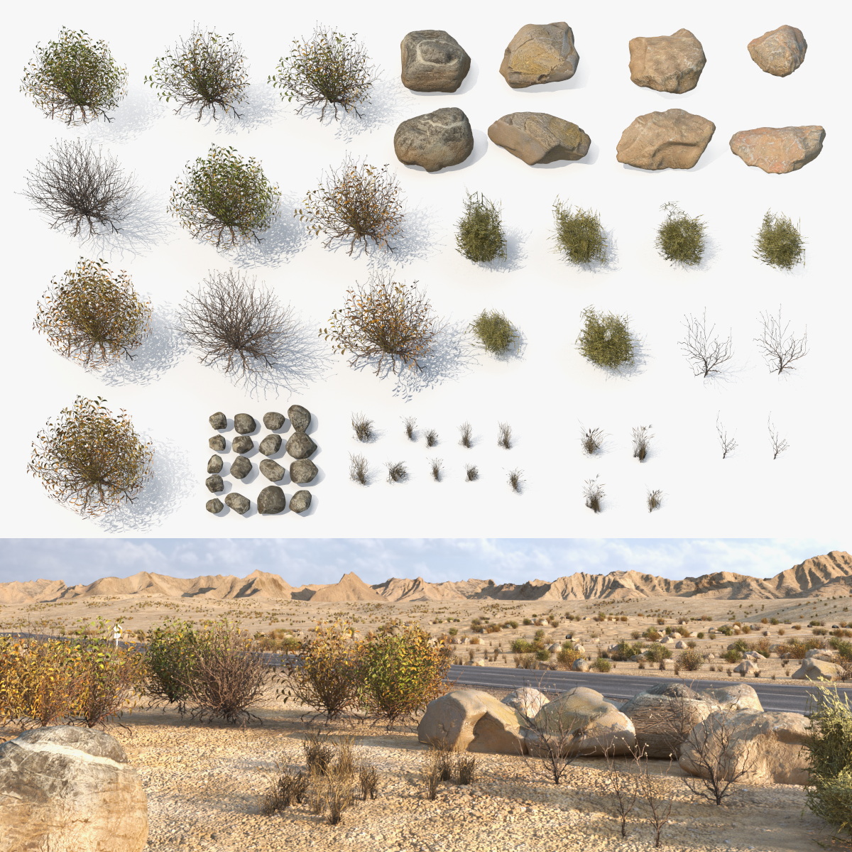 Natural Terrain Set with Stones Bushes and Grass 3D model preview