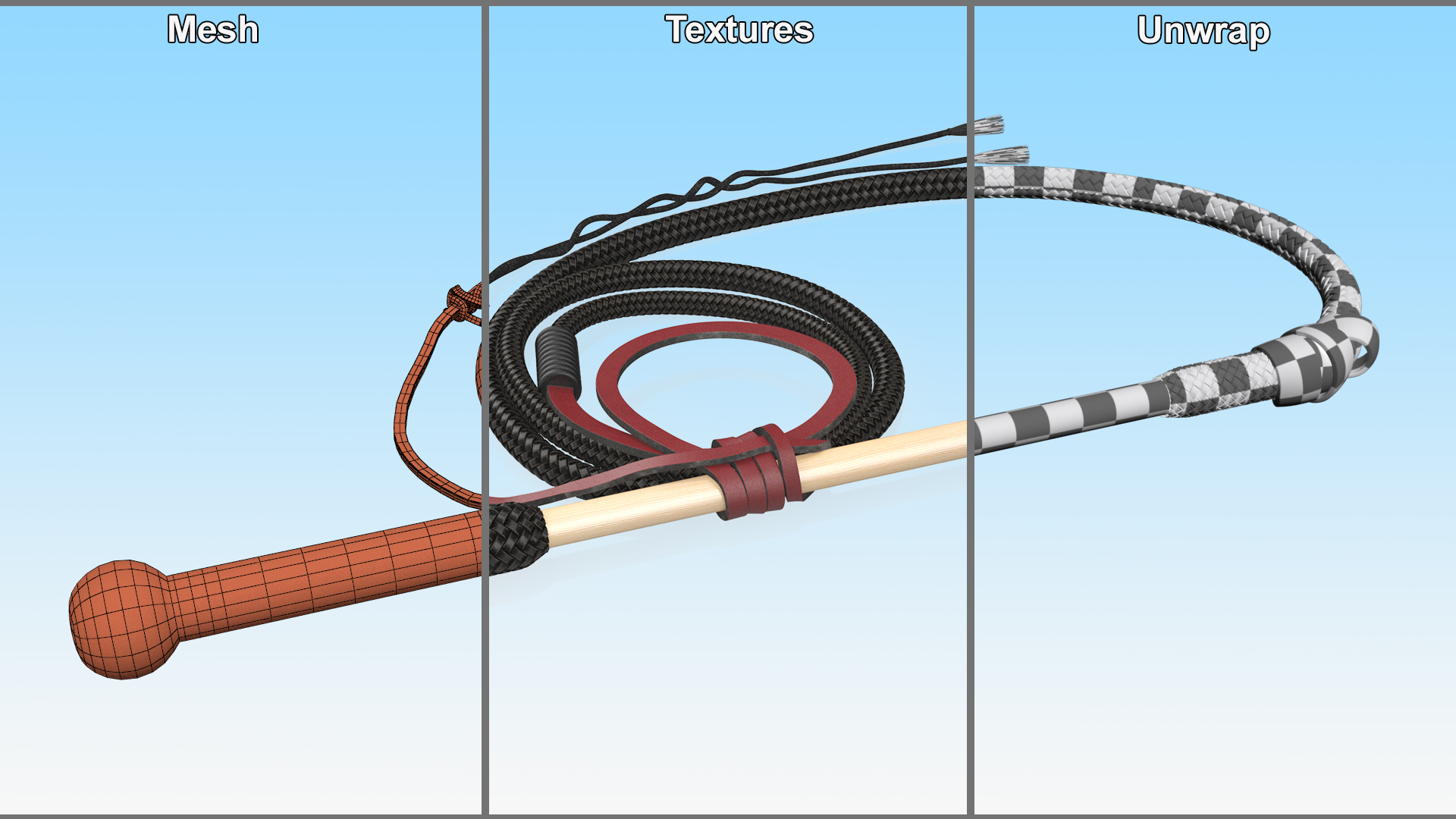 Historical Leather Whip Braided Black 3D