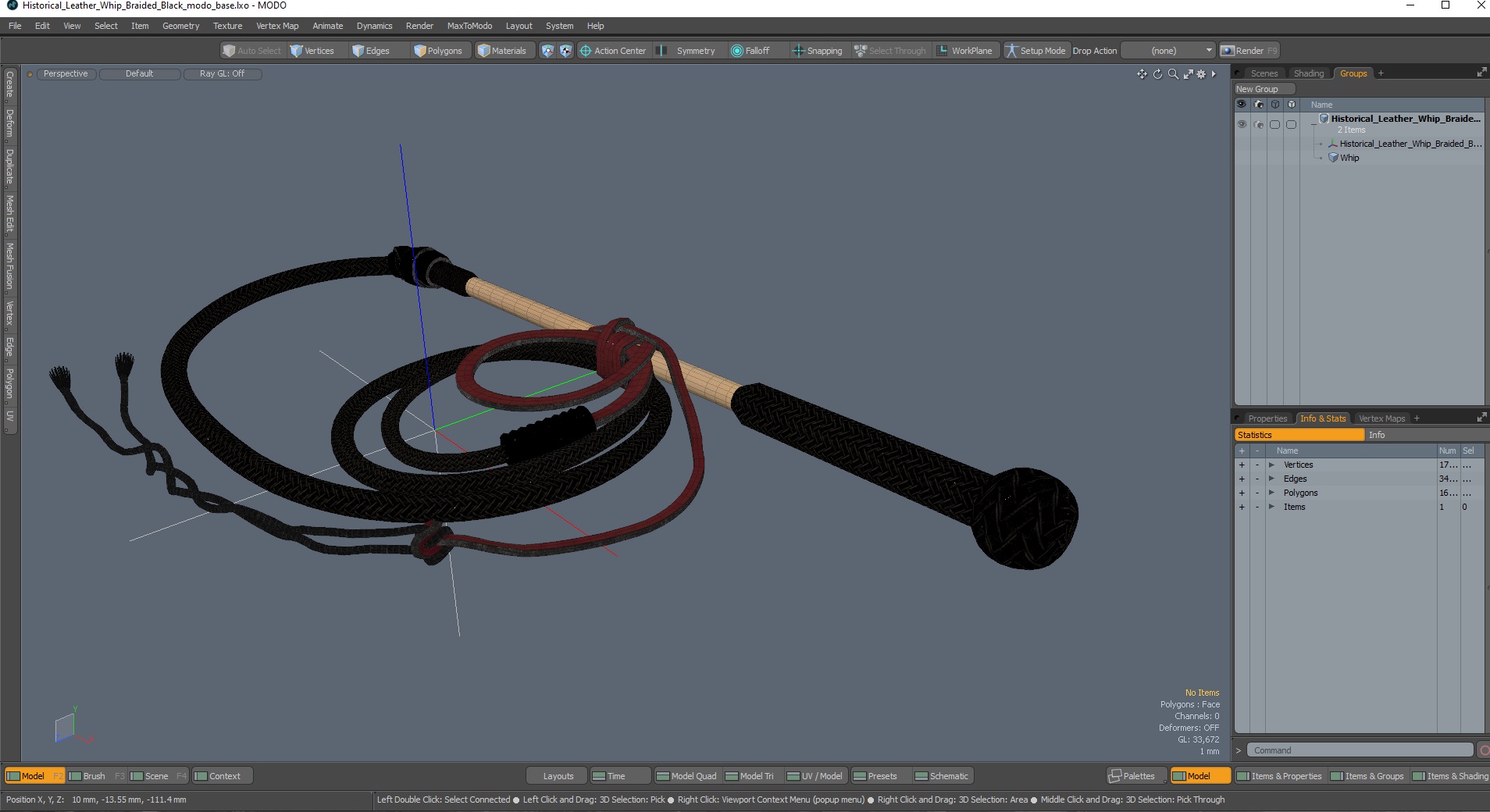 Historical Leather Whip Braided Black 3D