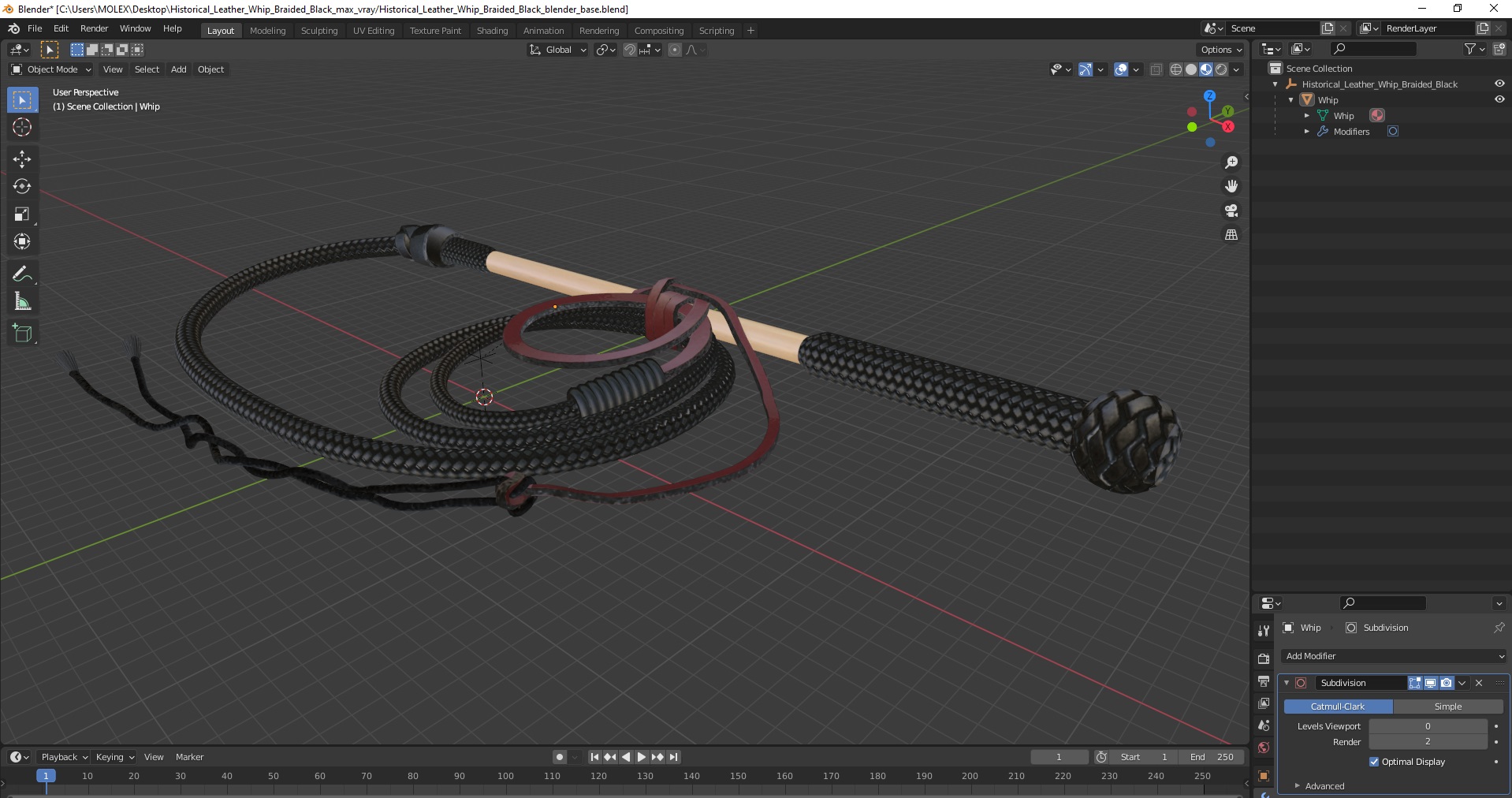 Historical Leather Whip Braided Black 3D
