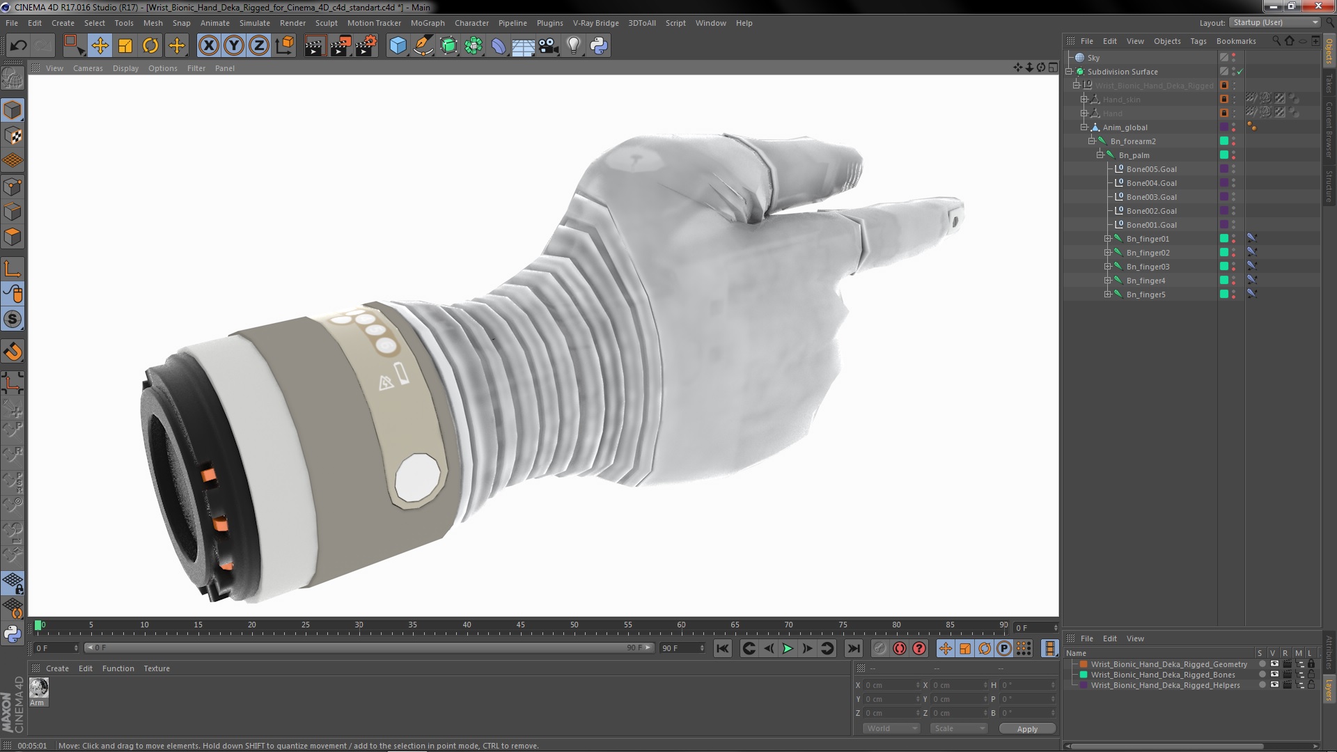 3D Wrist Bionic Hand Deka Rigged for Cinema 4D model