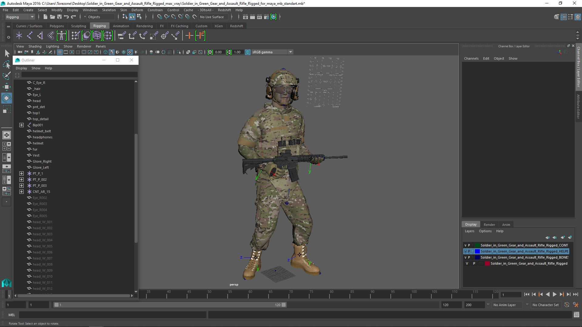 3D model Soldier in Green Gear and Assault Rifle Rigged for Maya