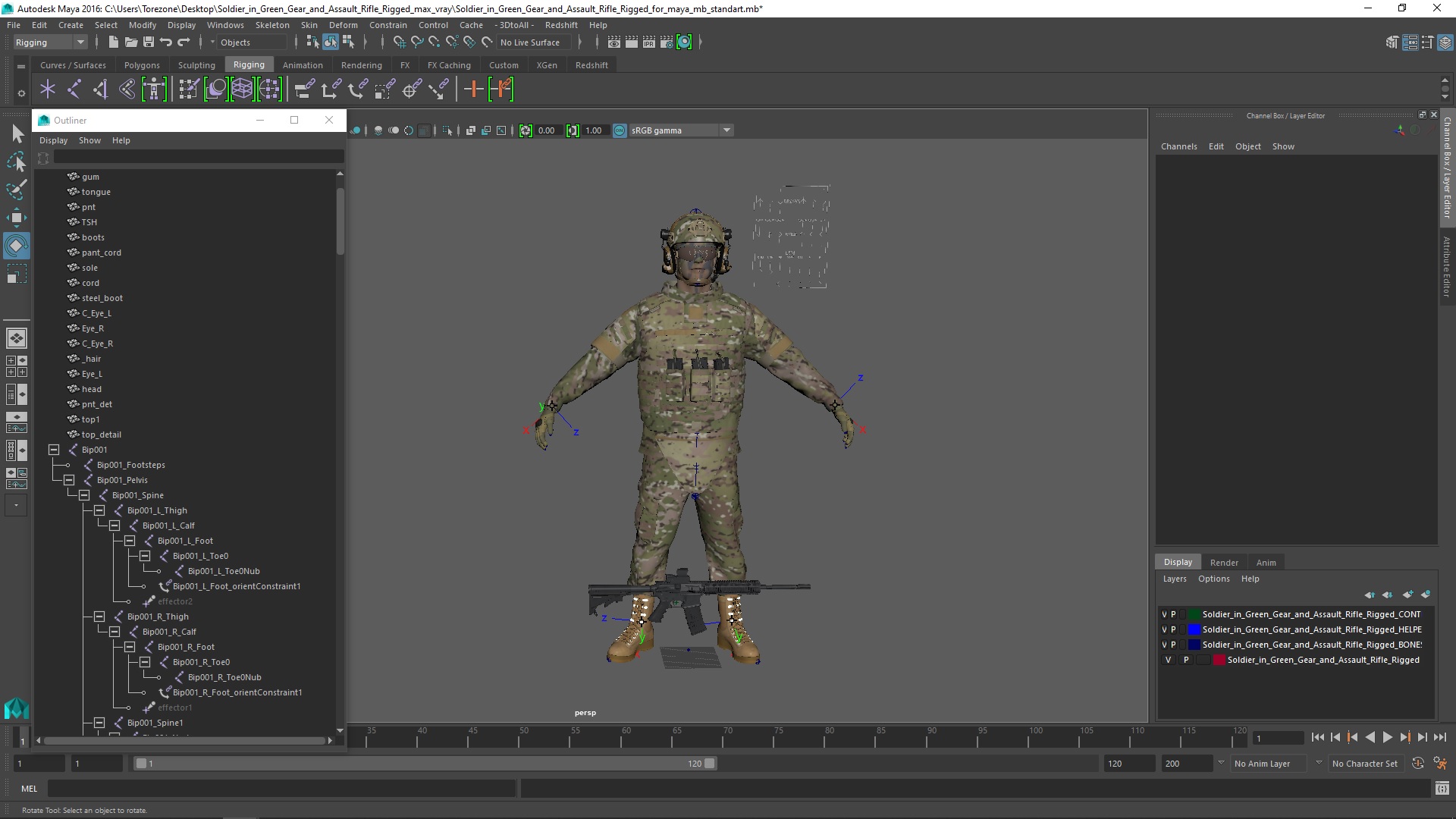 3D model Soldier in Green Gear and Assault Rifle Rigged for Maya