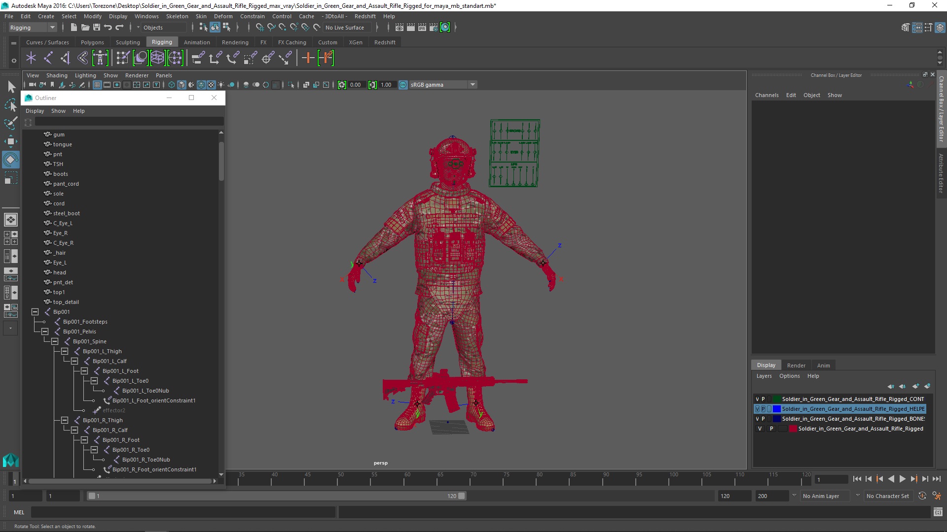 3D model Soldier in Green Gear and Assault Rifle Rigged for Maya