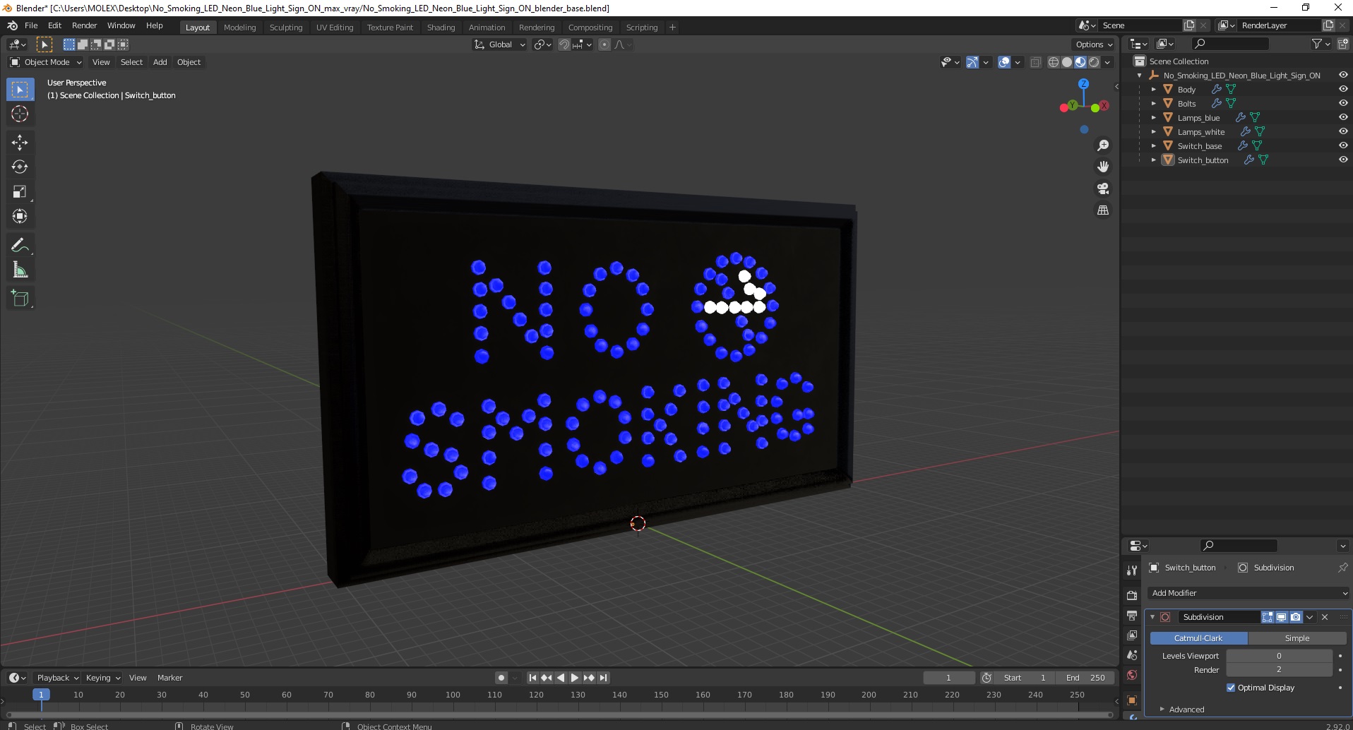 3D No Smoking LED Neon Blue Light Sign ON model