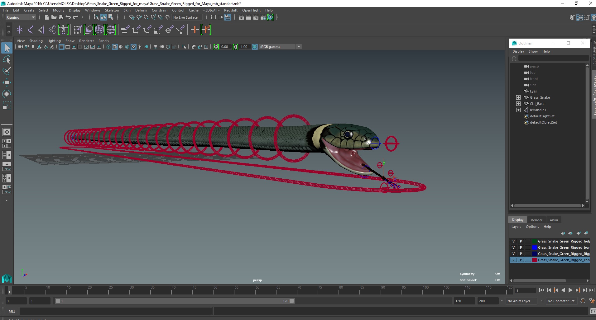 3D Grass Snake Green Rigged for Maya model
