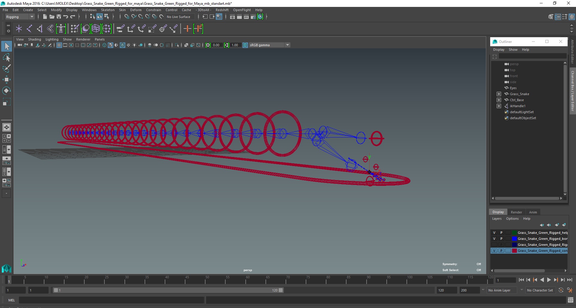 3D Grass Snake Green Rigged for Maya model