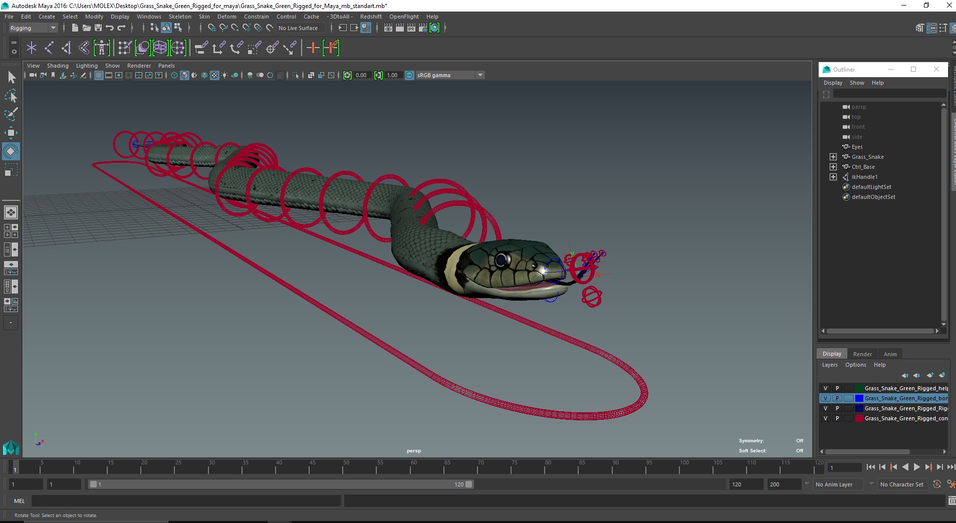 3D Grass Snake Green Rigged for Maya model
