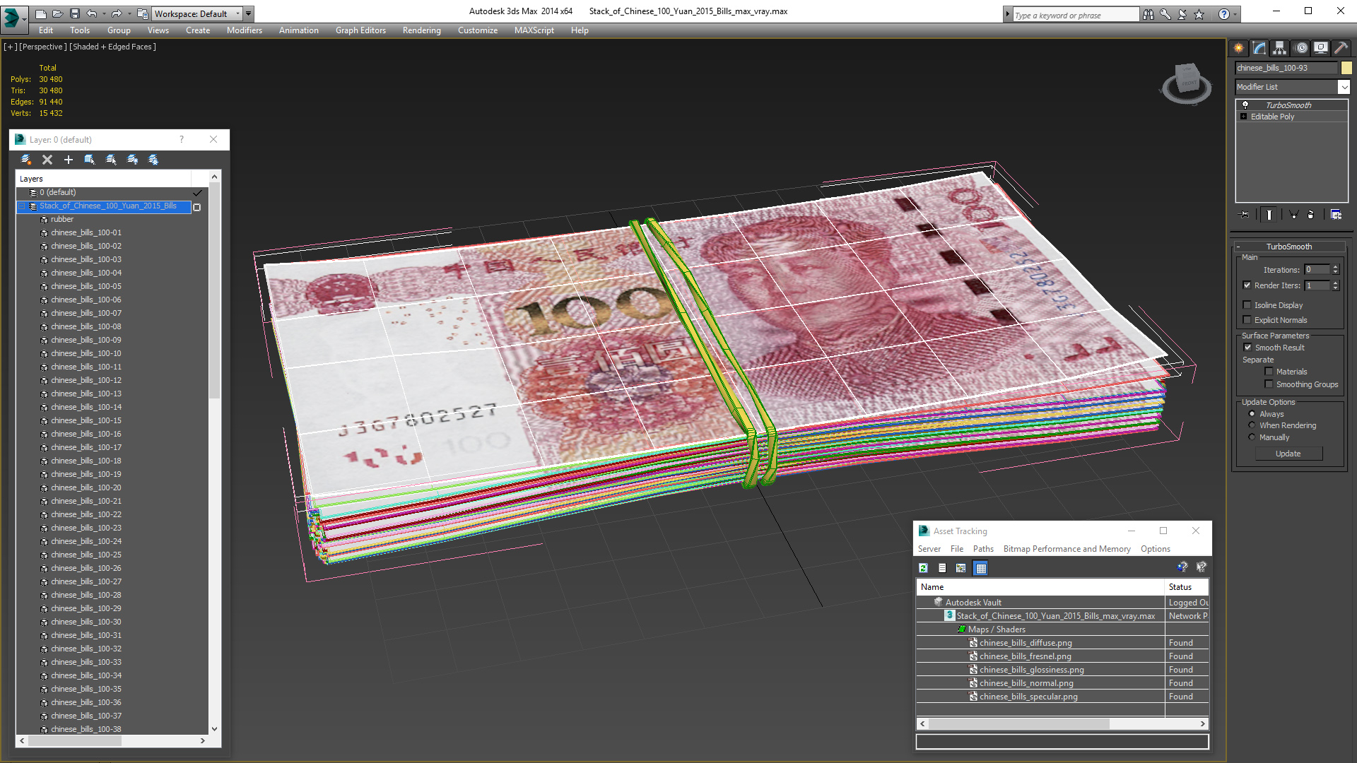 3D Stack of Chinese 100 Yuan 2015 Bills