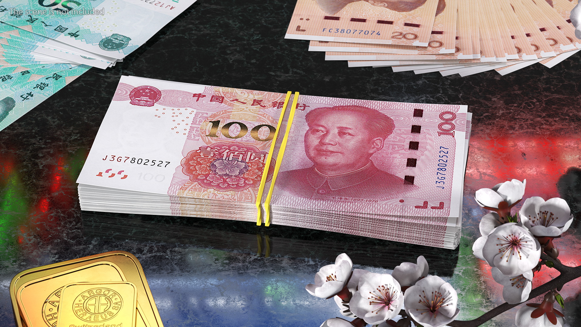 3D Stack of Chinese 100 Yuan 2015 Bills